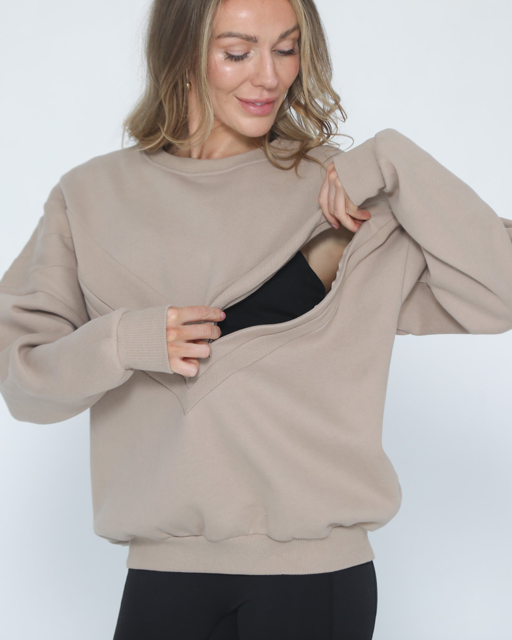 Isabella Oversized organic cotton nursing and pregnancy sweatshirt, sweat and milk, sand stone color, front shot with breastfeeding zipper open