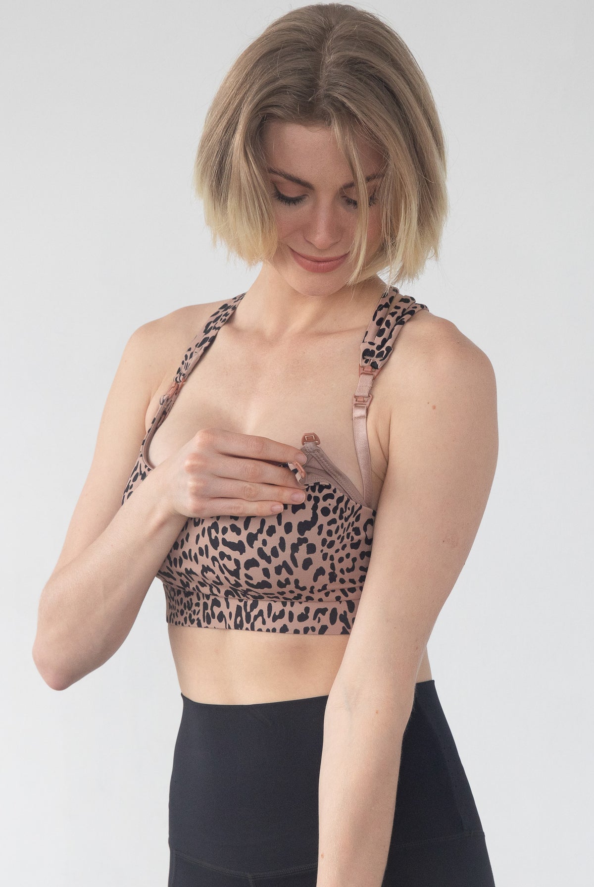 Chloe 4 Running Nursing Sports Bra, Brown leopard, large chested, sweat and milk