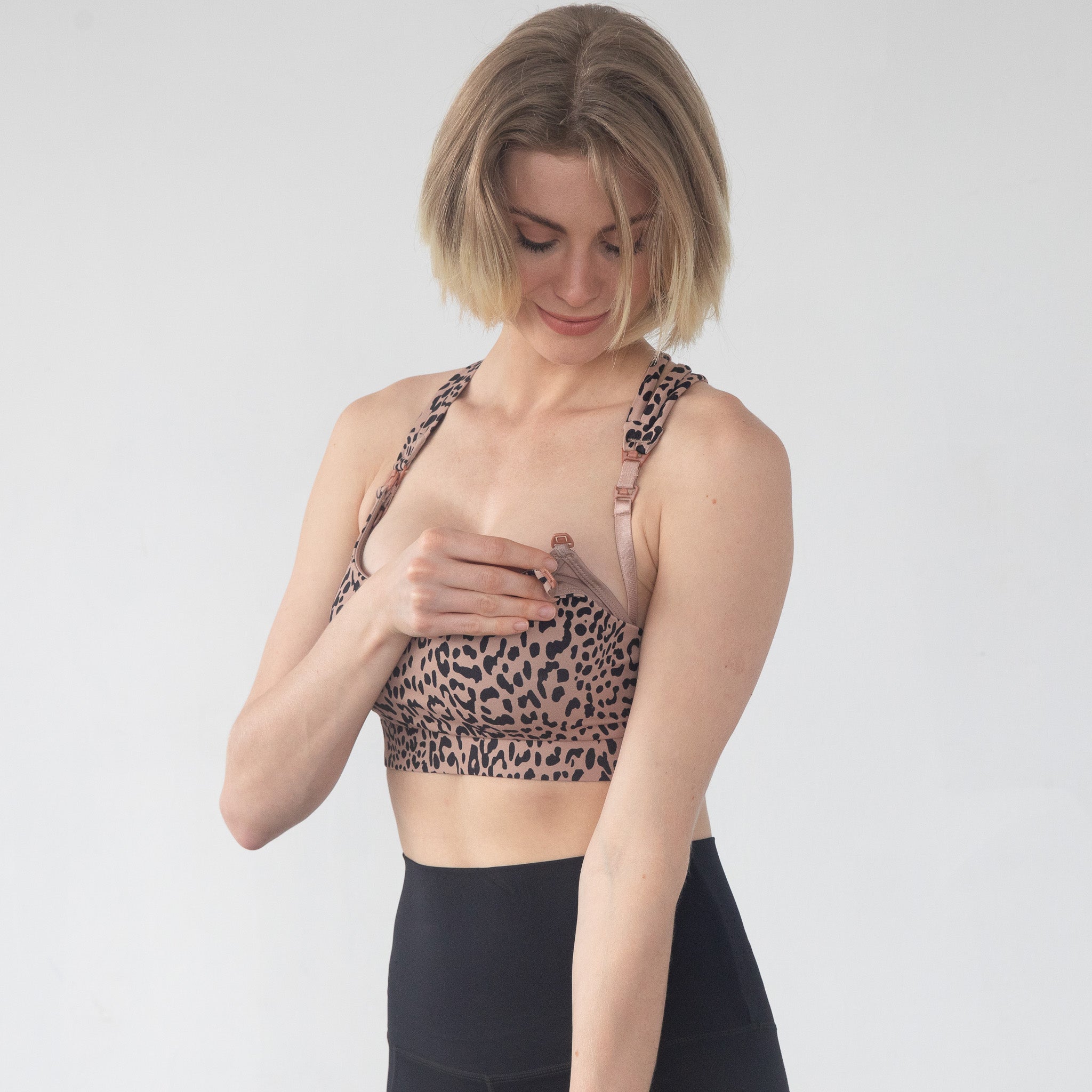 Chloe 4 Running Nursing Sports Bra, Brown leopard, large chested, sweat and milk