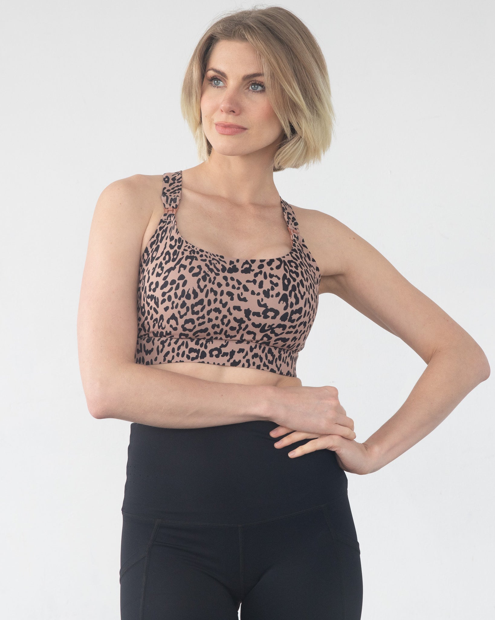 Venice 5 high impact nursing & pumping sports bra, large chested, brown leopard, sweat and milk