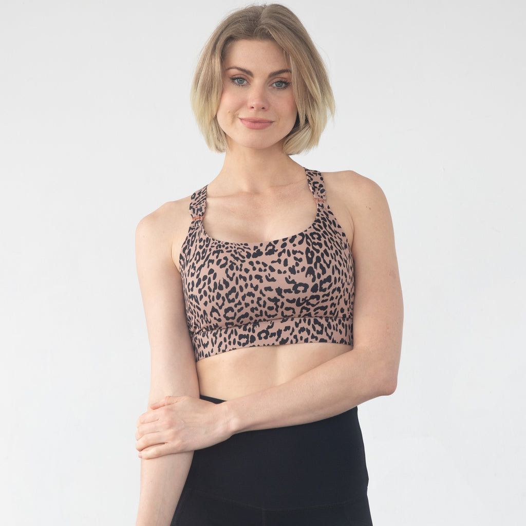 Venice 5 high impact nursing & pumping sports bra, large chested, brown leopard, sweat and milk
