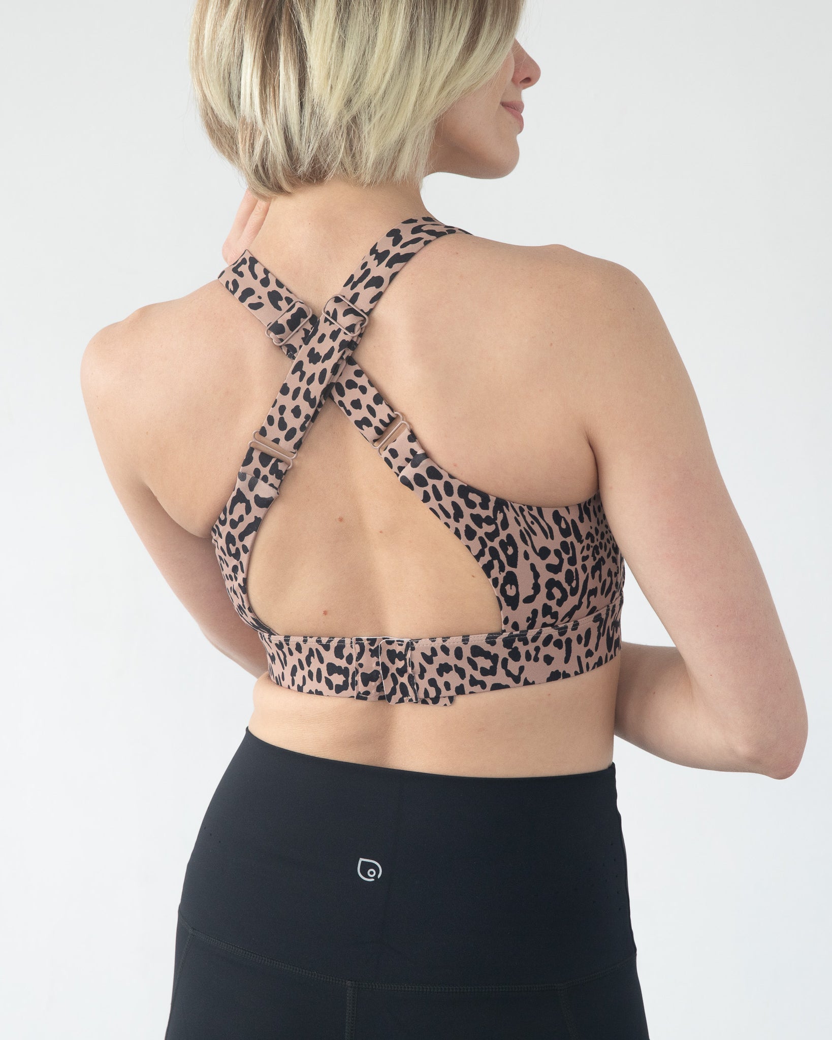 Venice 5 high impact nursing & pumping sports bra, large chested, brown leopard, sweat and milk