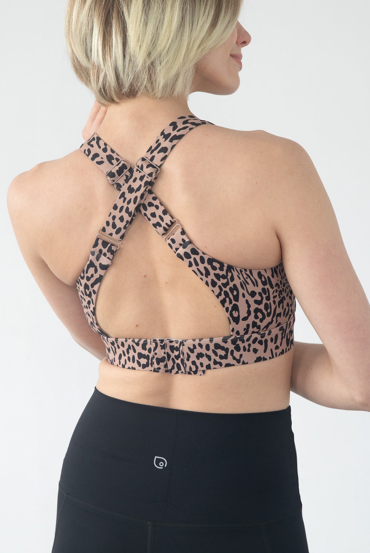 Venice 5 high impact nursing & pumping sports bra, large chested, brown leopard, sweat and milk