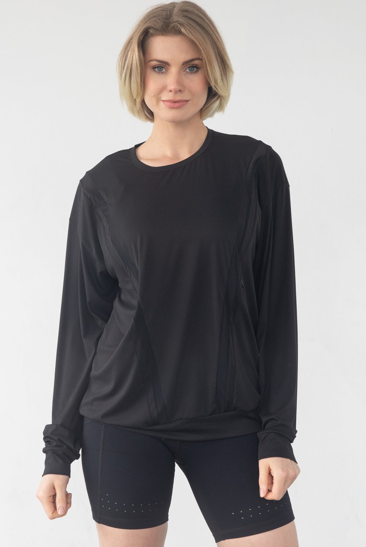 Ivy nursing top front view – relaxed fit, stylish postpartum shirt by Sweat and Milk
Model wearing Ivy top – discreet breastfeeding-friendly design