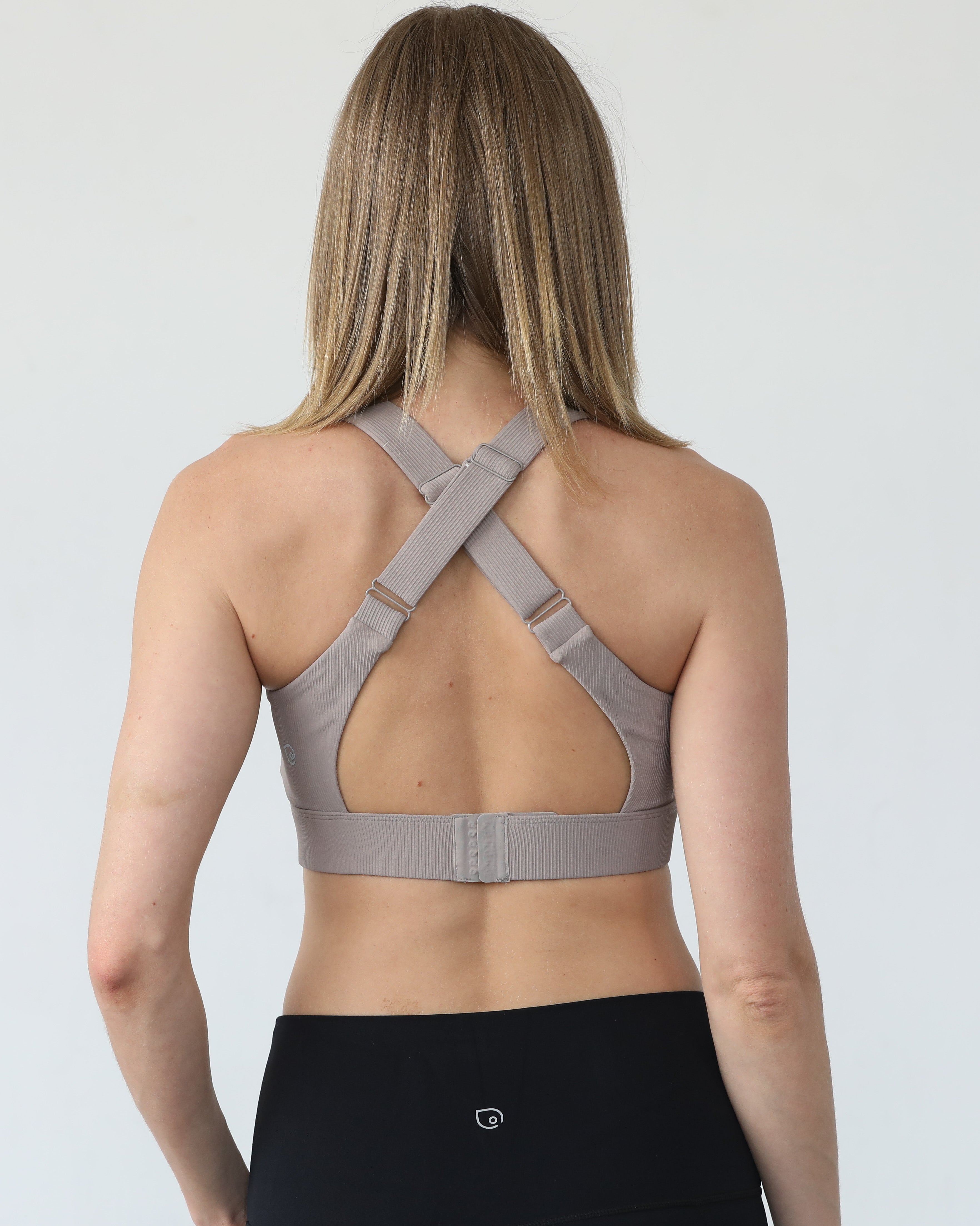 Venice 3 high impact nursing and pumping sports bra, back shot, ribbed chai, large chest, big cups, sweat and milk