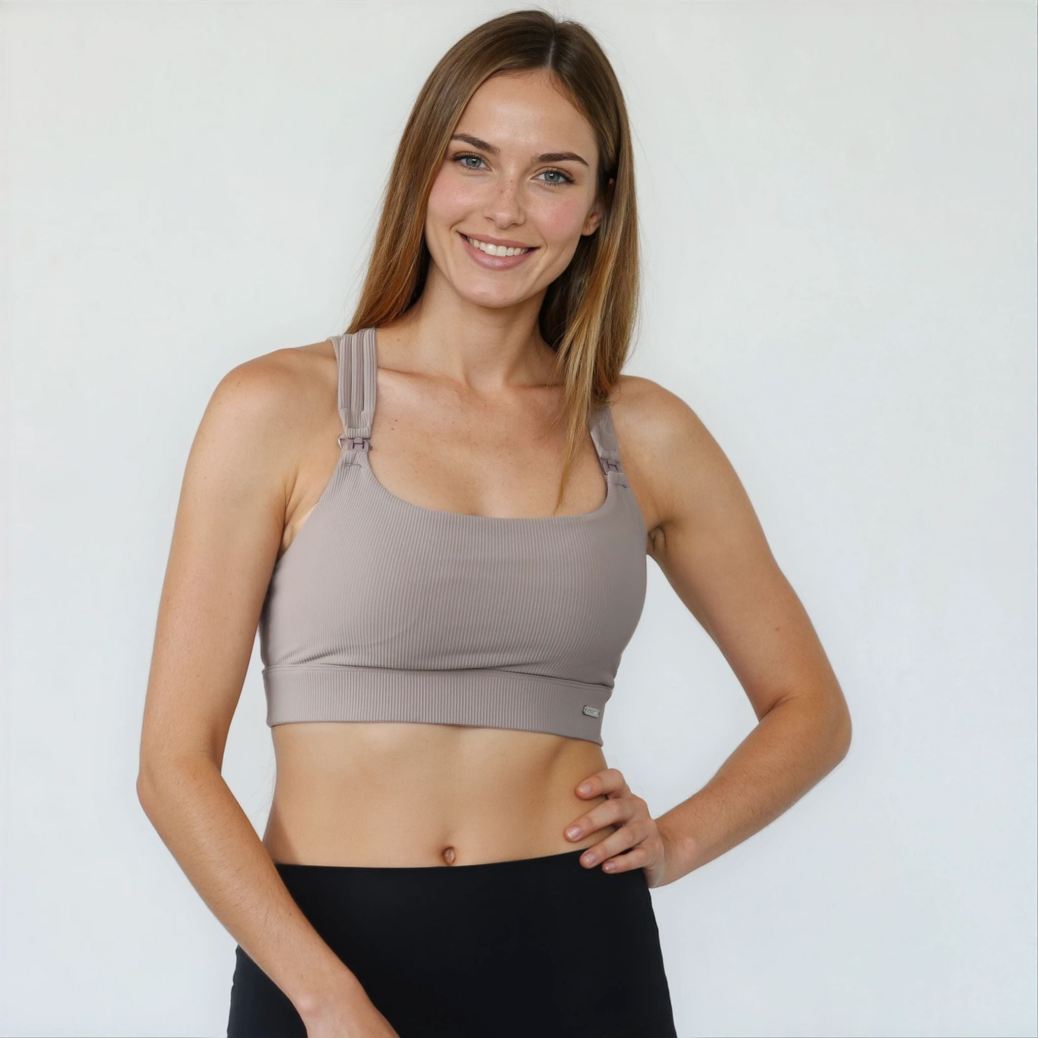 Chloe 4 running nursing sports bra, ribbed chai, high impact, front shot