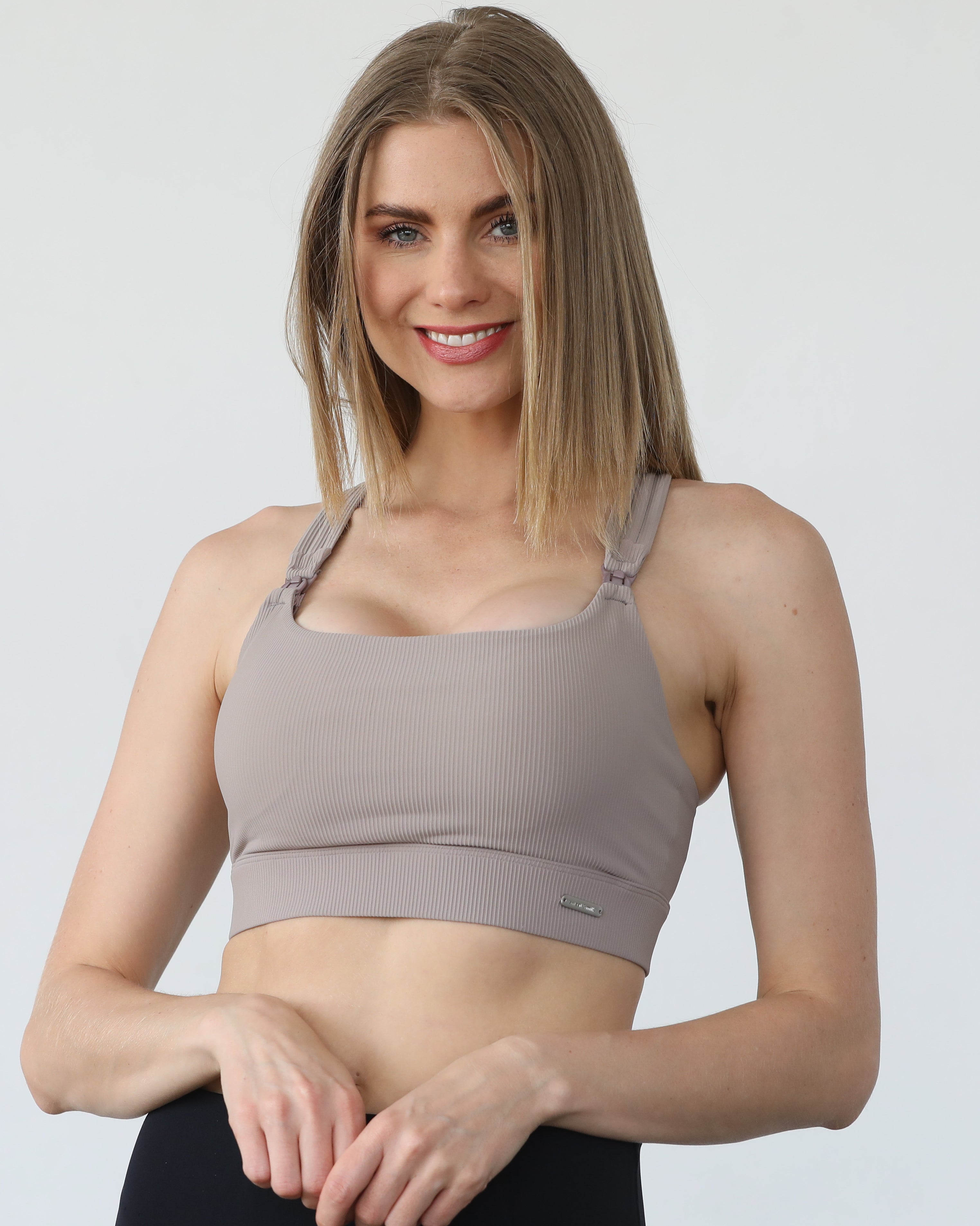 Chloe 4 running nursing and pumping sports bra, ribbed chai, sweat and milk