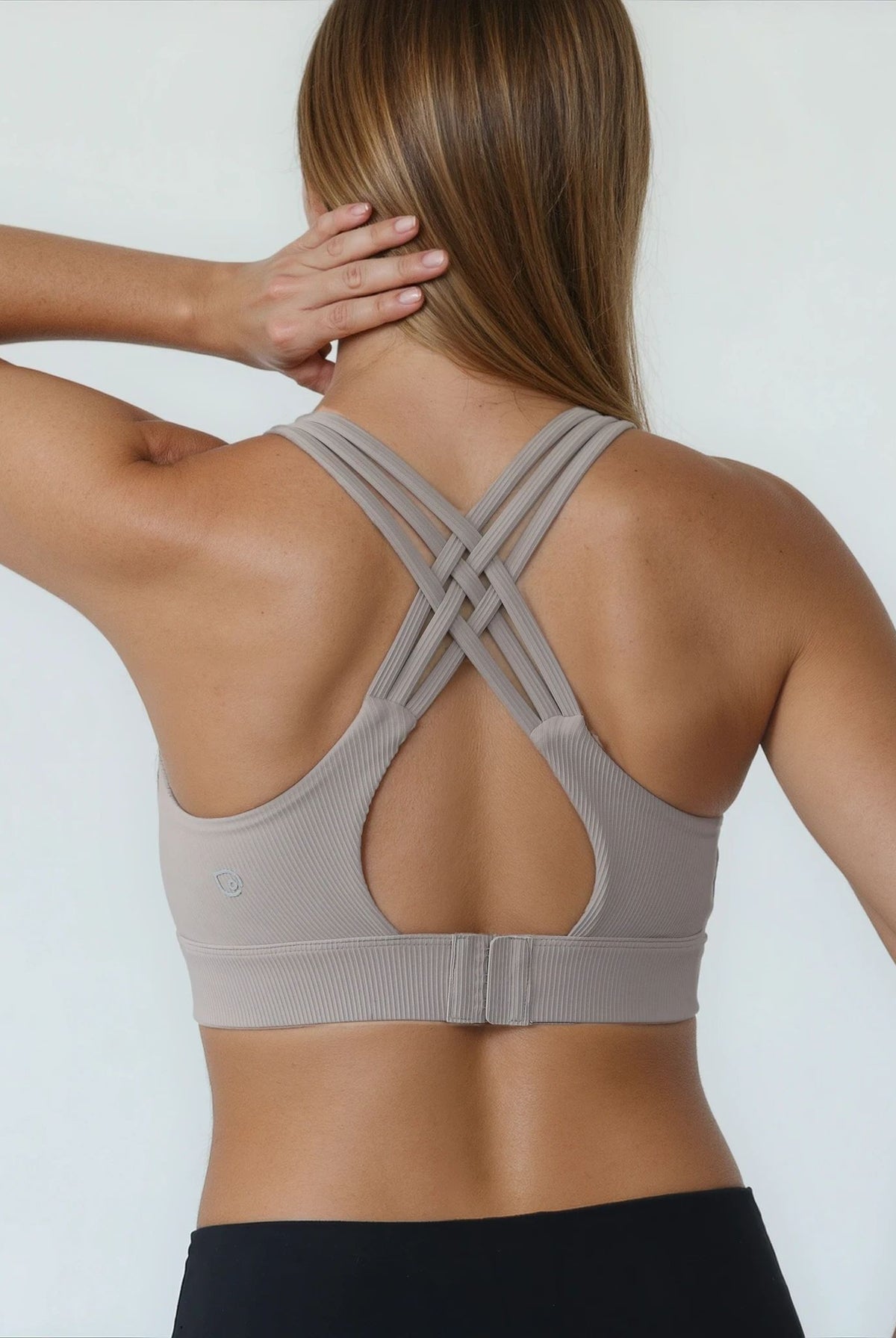 Chloe 4 running nursing sports bra, ribbed chai, high impact, back shot of the strappy straps