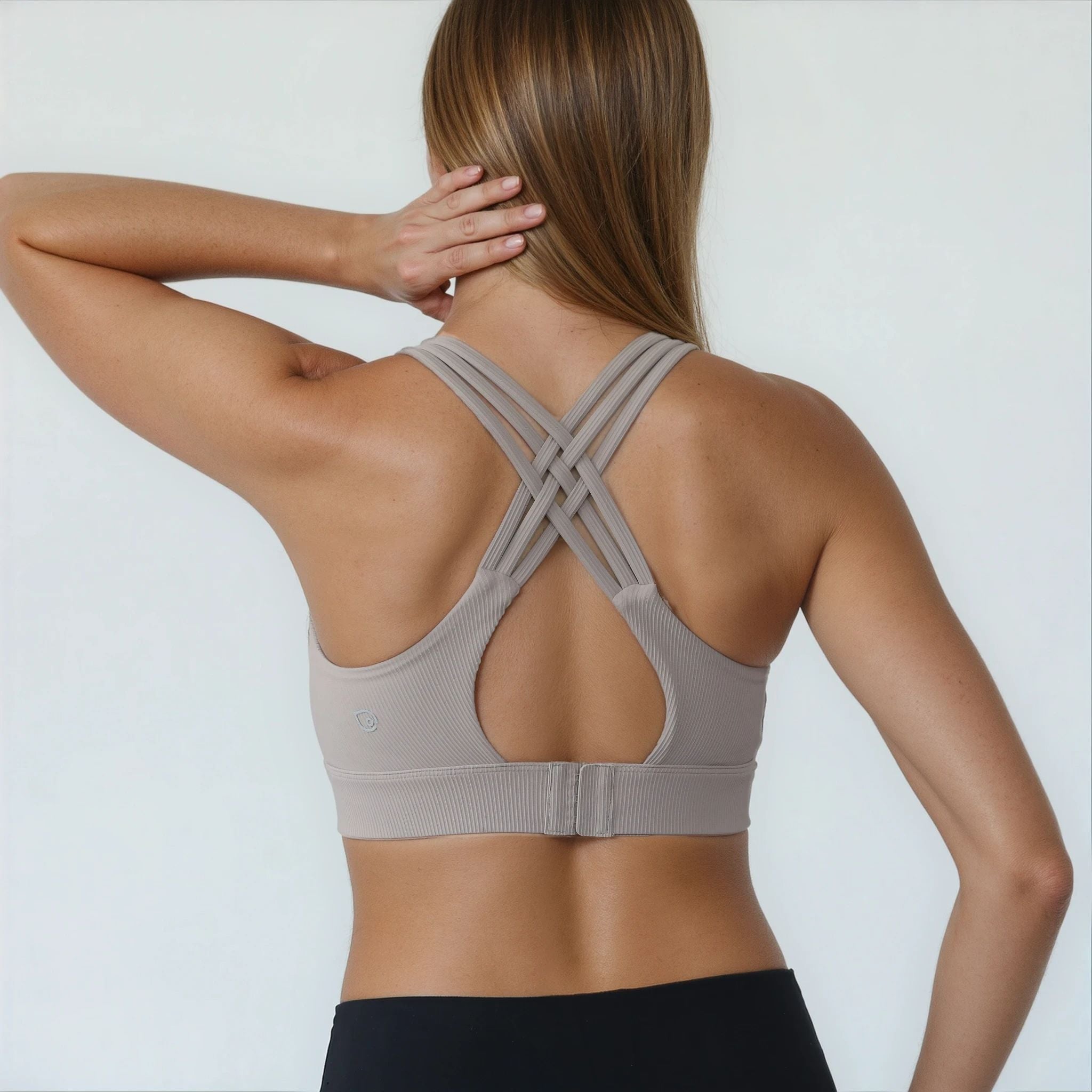 Chloe 4 running nursing sports bra, ribbed chai, high impact, back shot of the strappy straps
