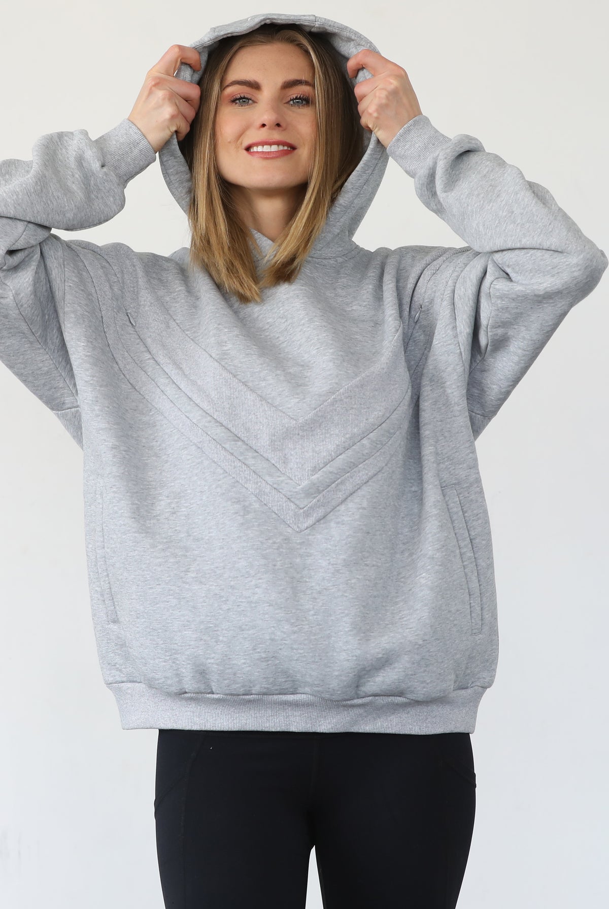 Isabella nursing and pregnancy hoodie, heather gray, sweat and milk