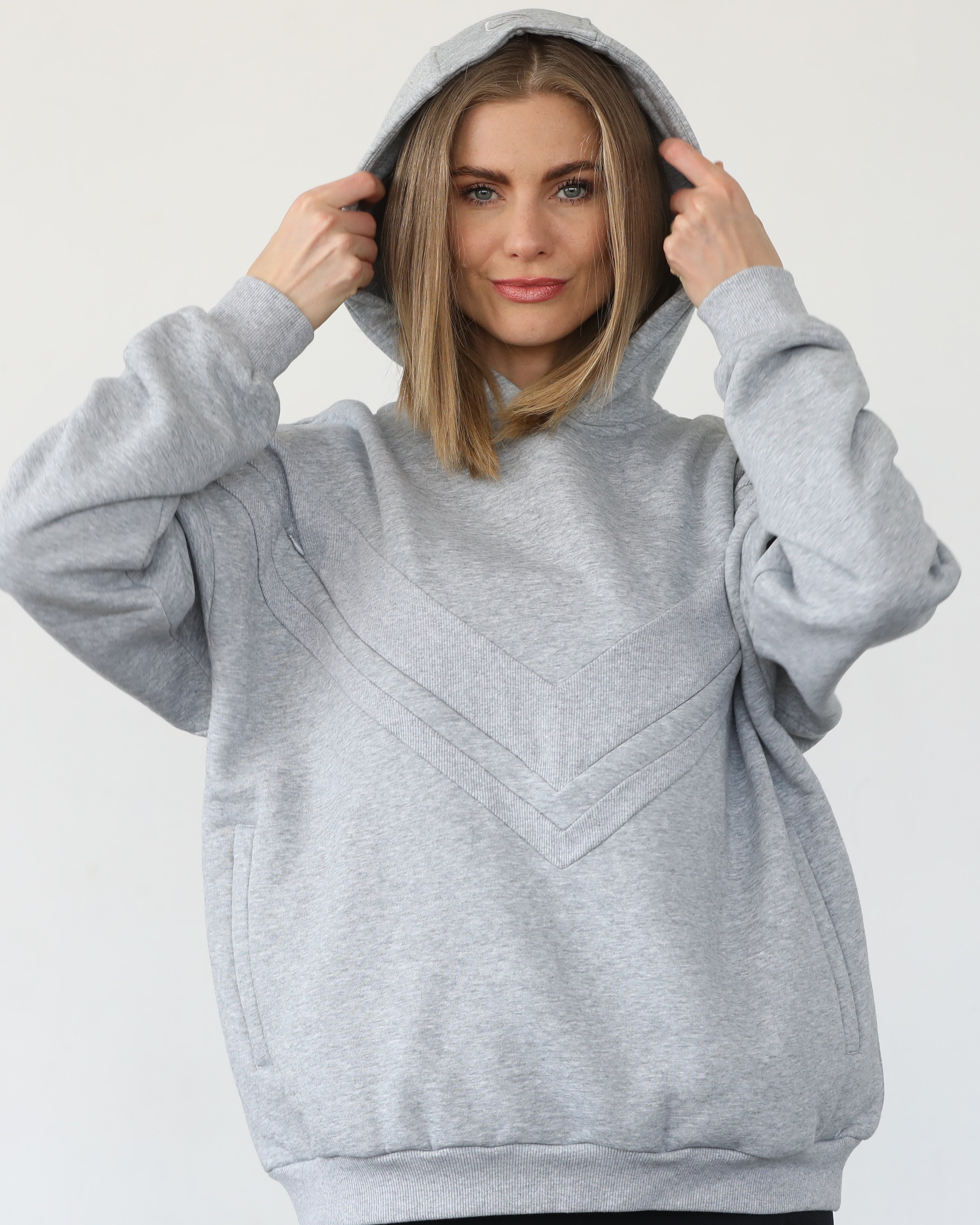 Isabella nursing and pregnancy hoodie, heather gray, sweat and milk