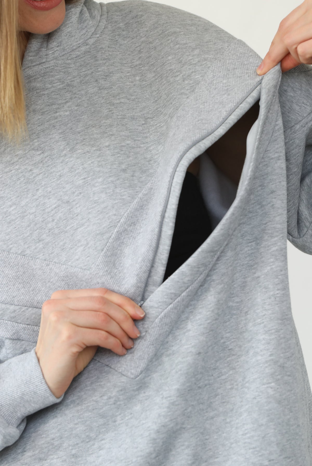 Isabella nursing and pregnancy hoodie, heather gray, sweat and milk