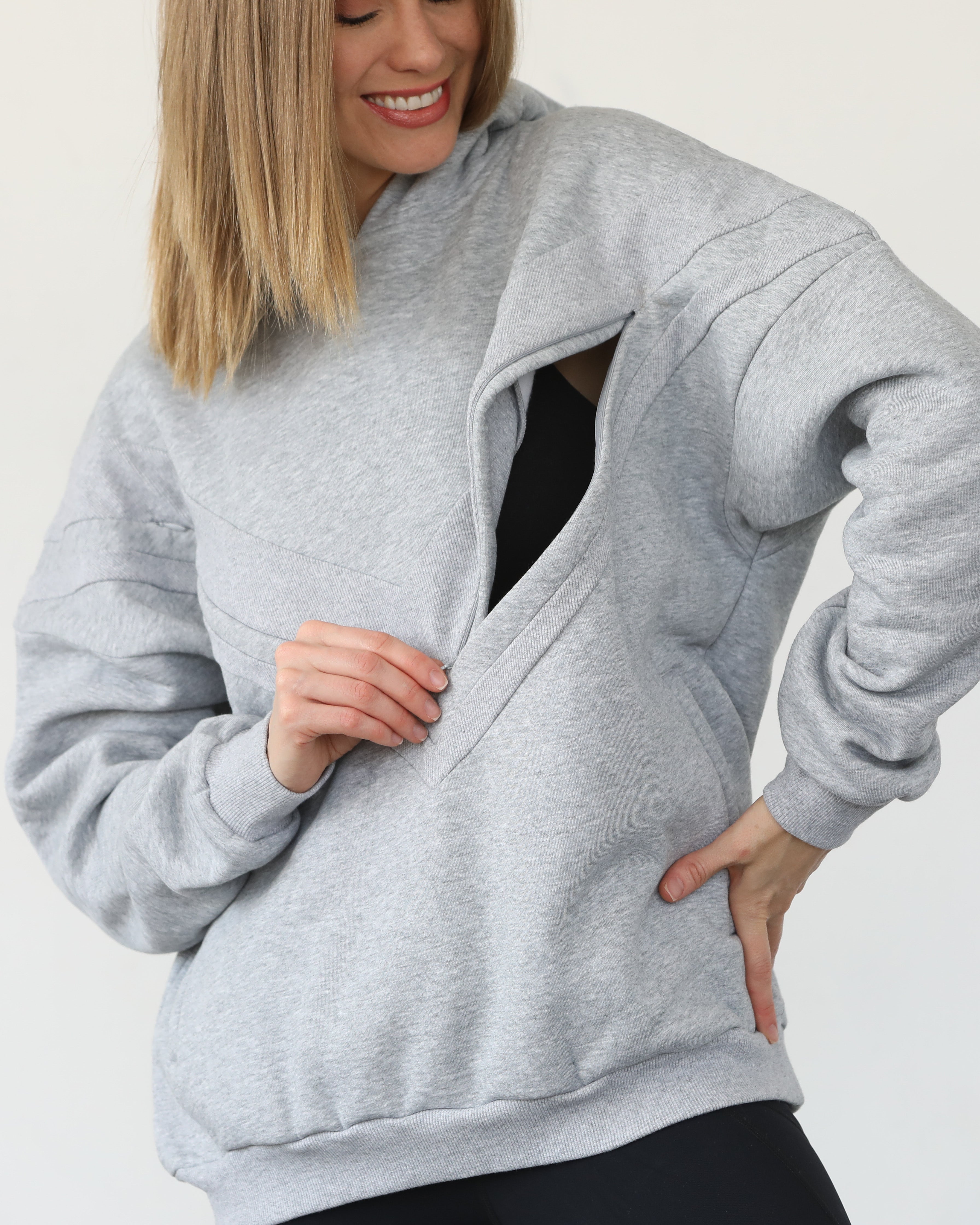 Isabella nursing and pregnancy hoodie, heather gray, sweat and milk