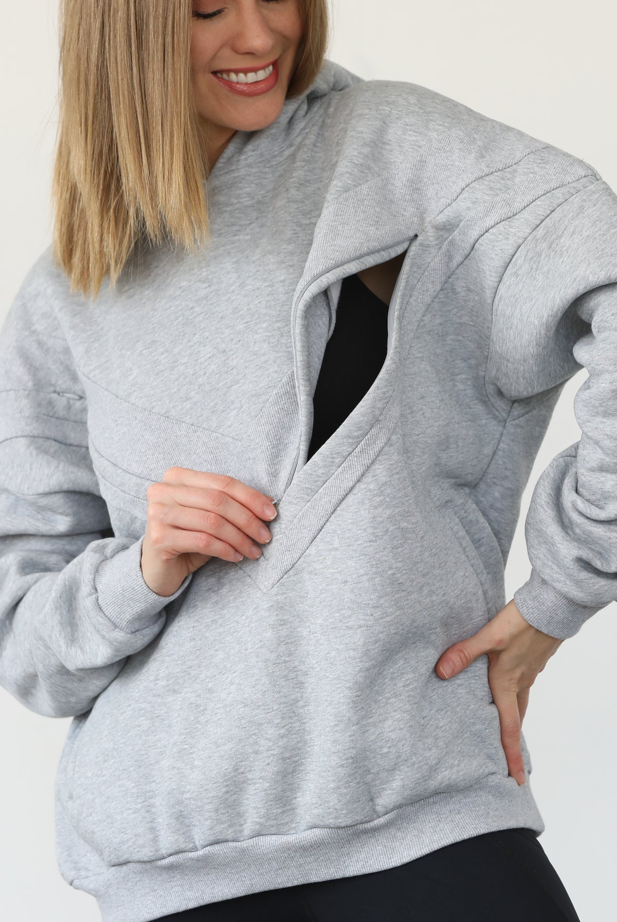 Isabella nursing and pregnancy hoodie, heather gray, sweat and milk