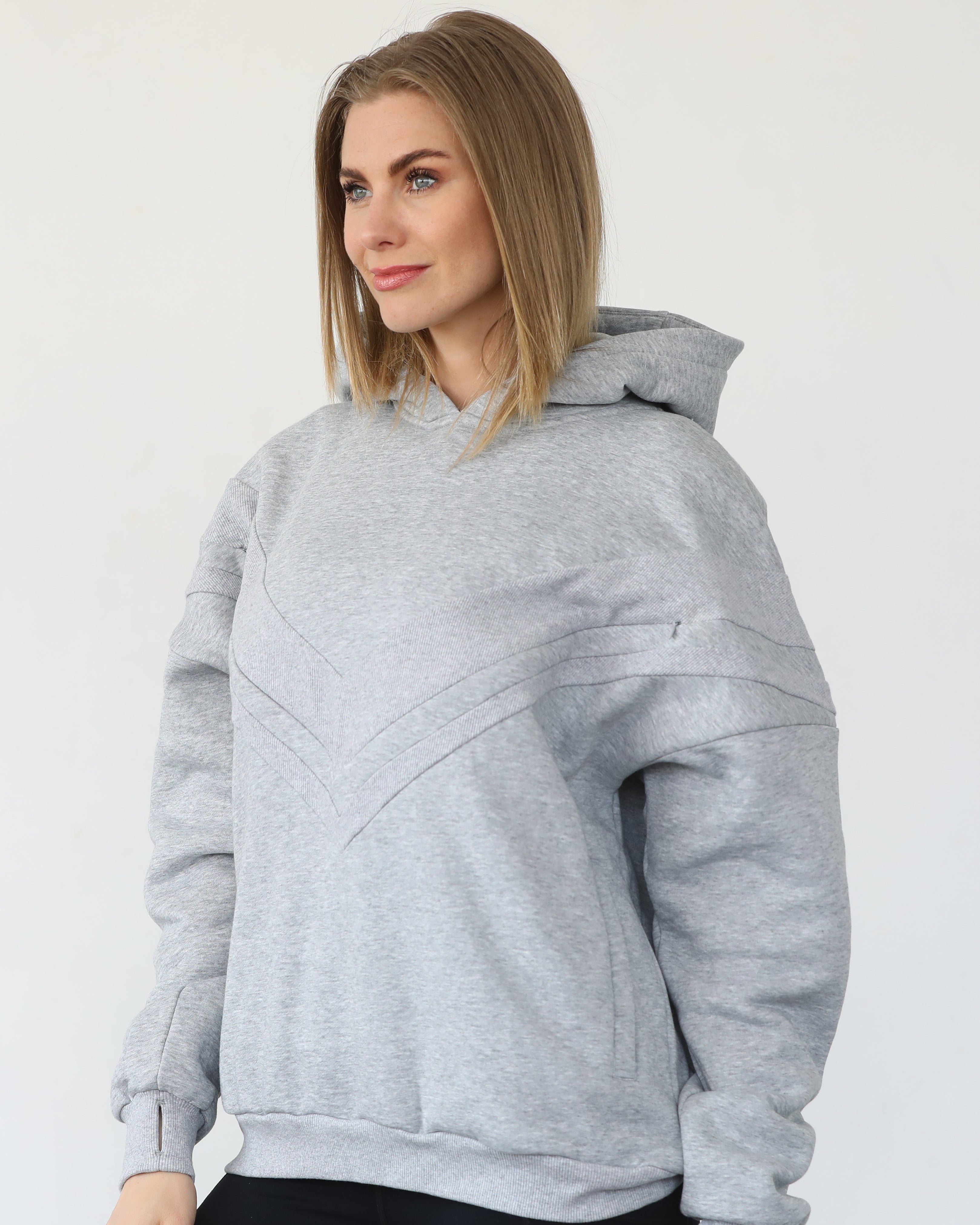 Isabella nursing and pregnancy hoodie, heather gray, sweat and milk
