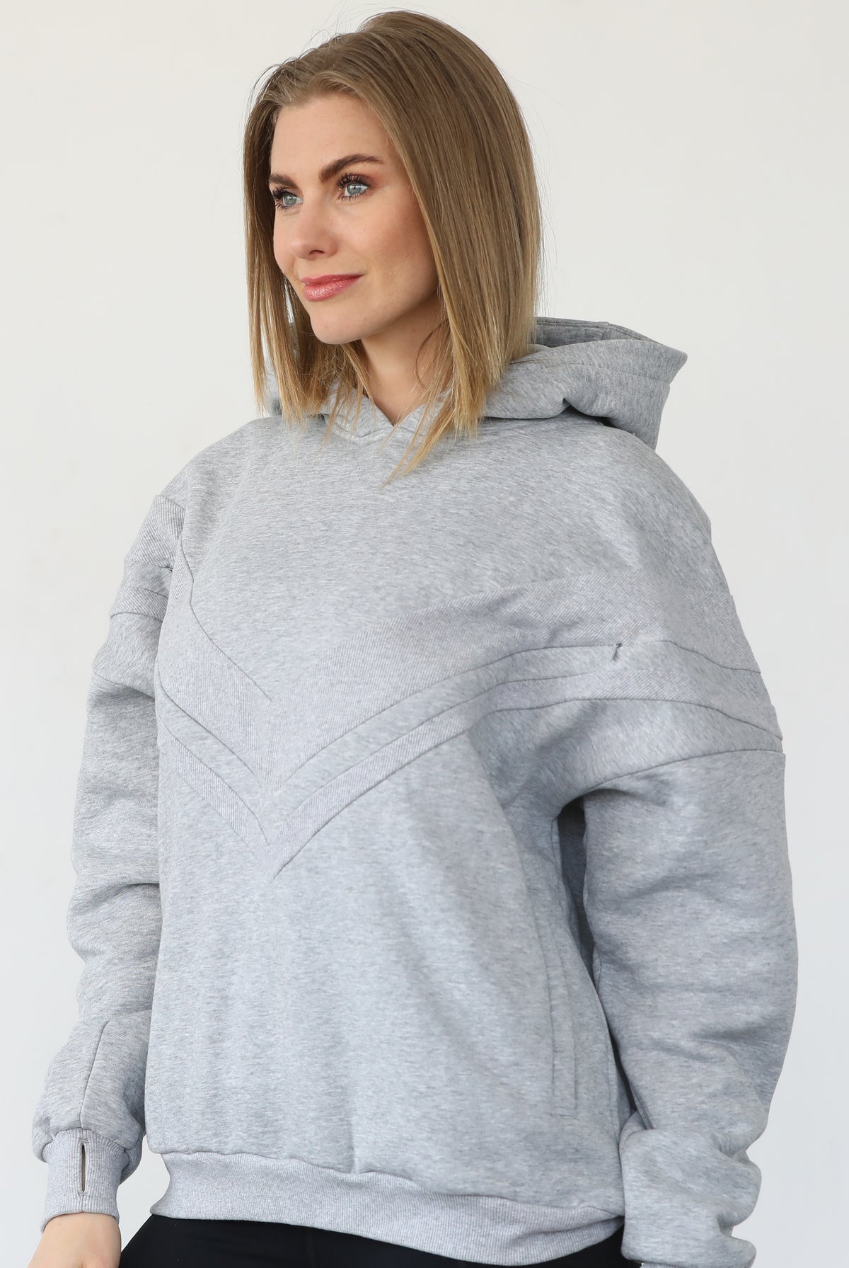 Isabella nursing and pregnancy hoodie, heather gray, sweat and milk