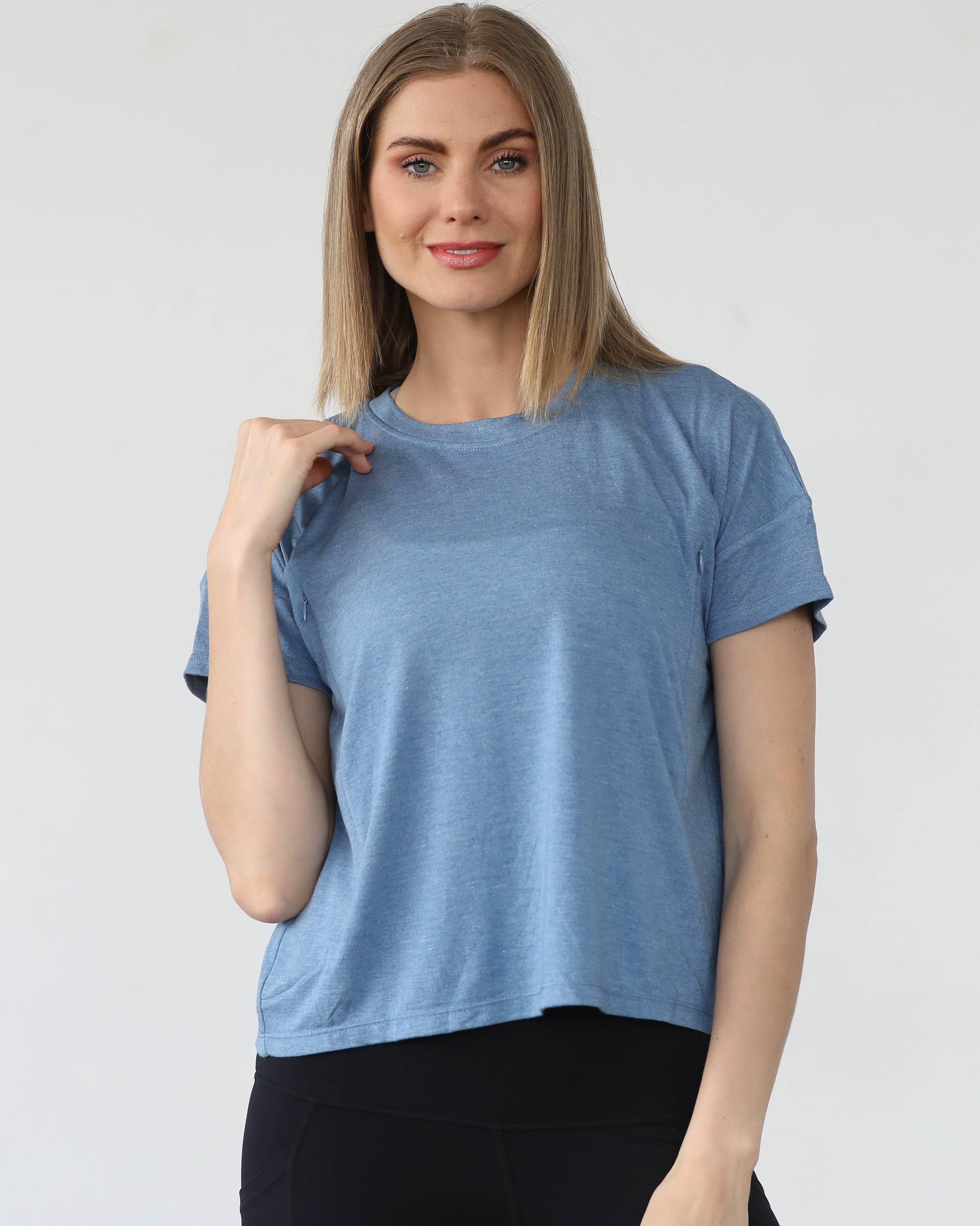 Abigail nursing short sleeve top, pacific blue, sweat and milk