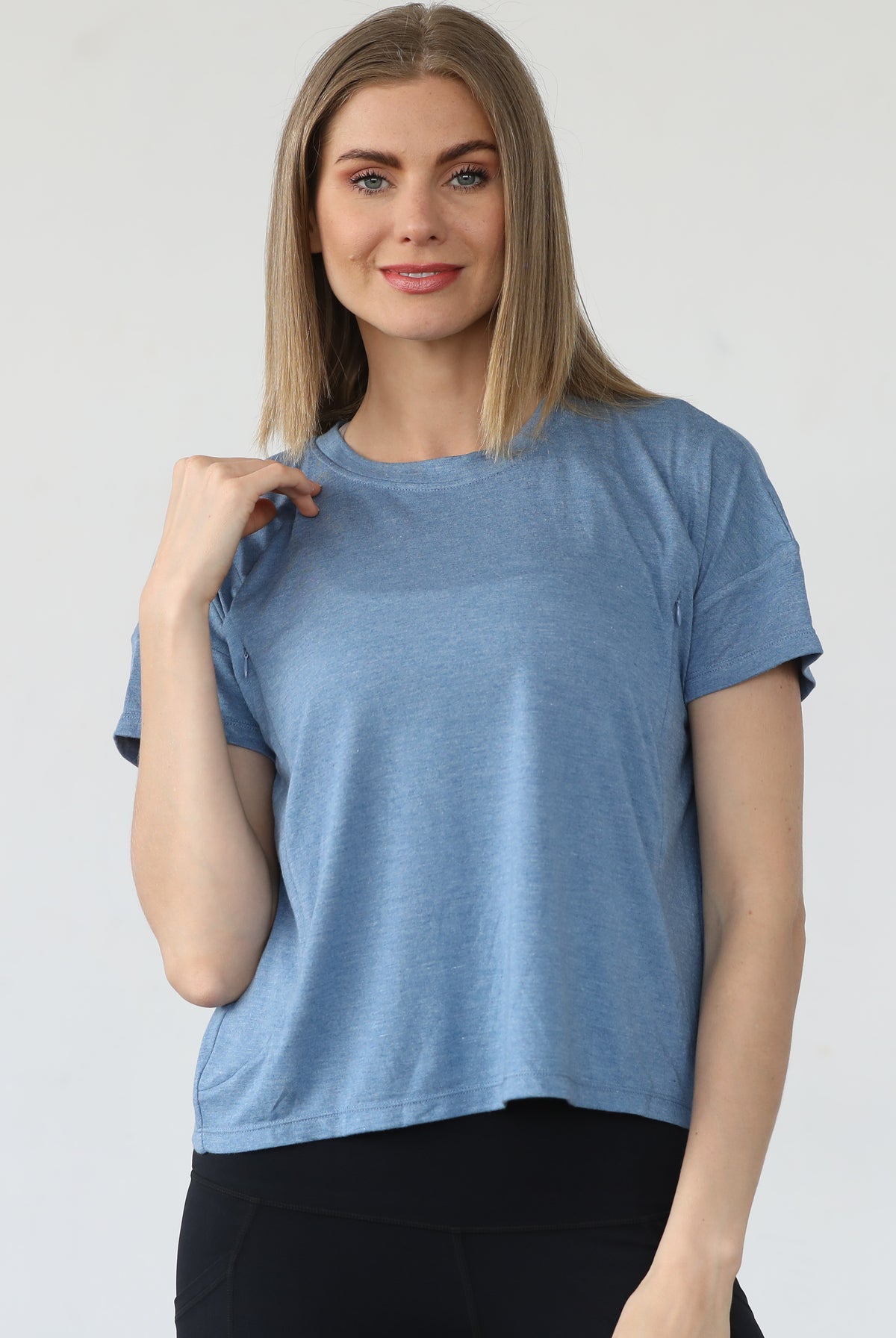 Abigail nursing short sleeve top, pacific blue, sweat and milk