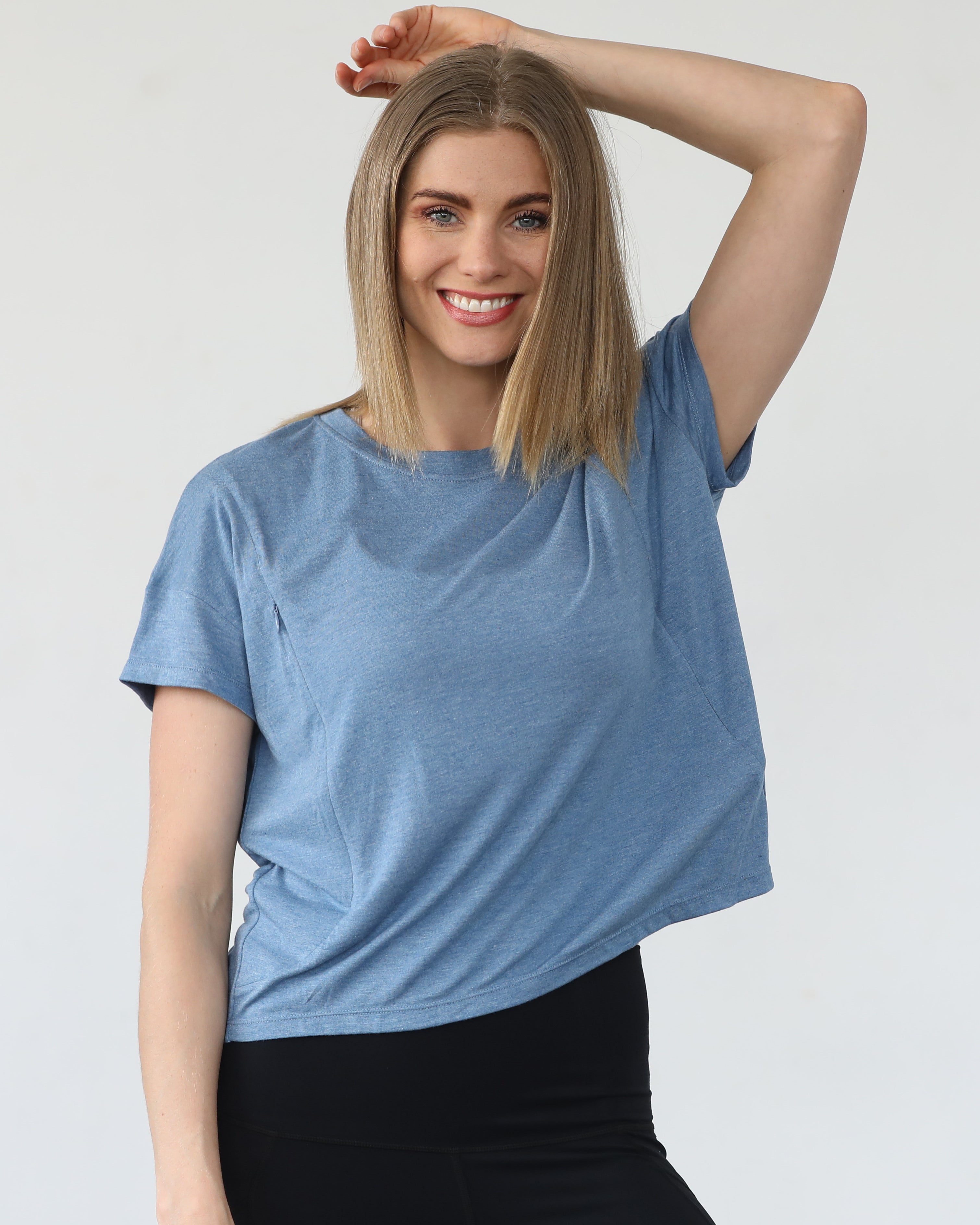 Abigail nursing short sleeve top, pacific blue, sweat and milk
