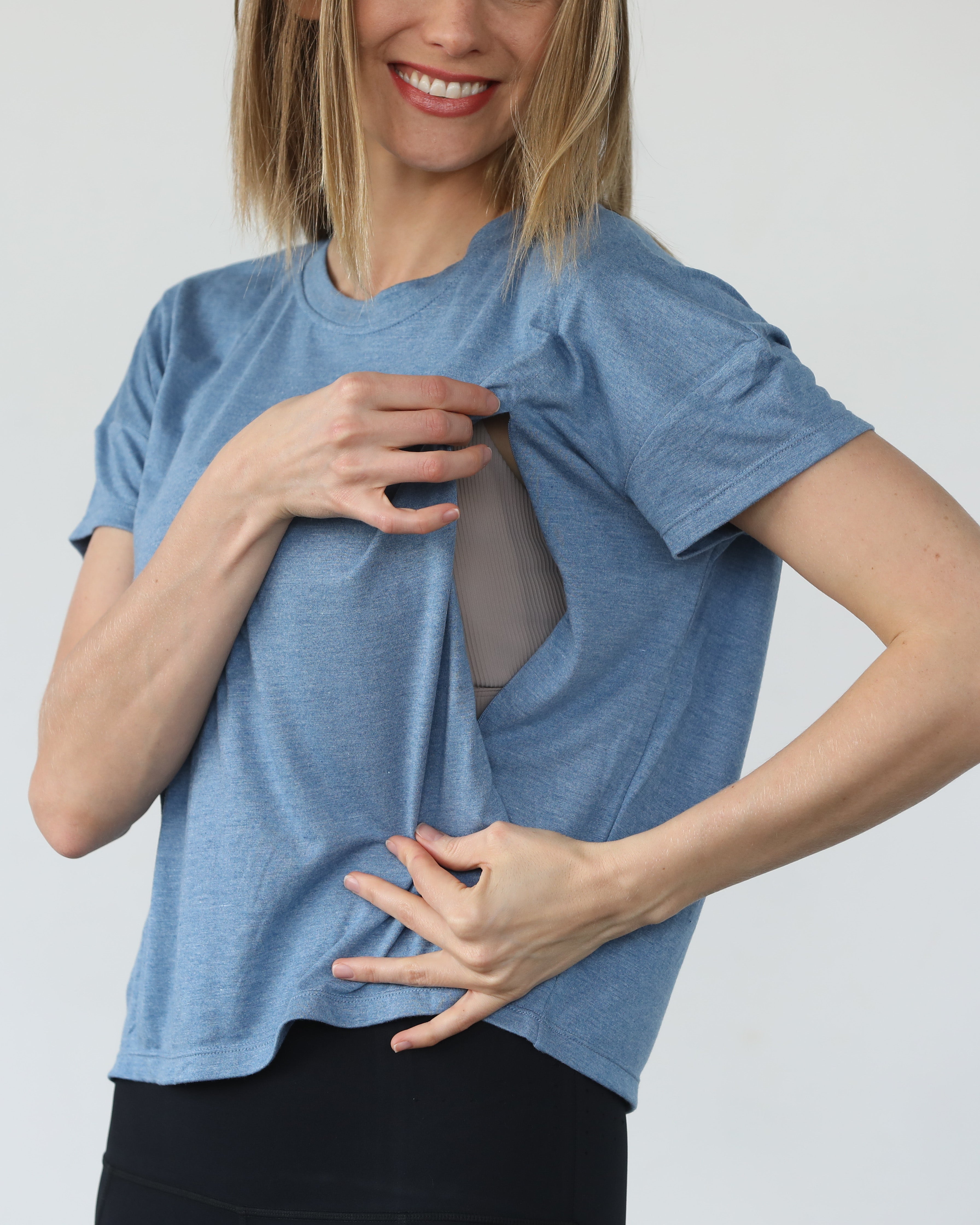 Abigail nursing short sleeve top, pacific blue, sweat and milk