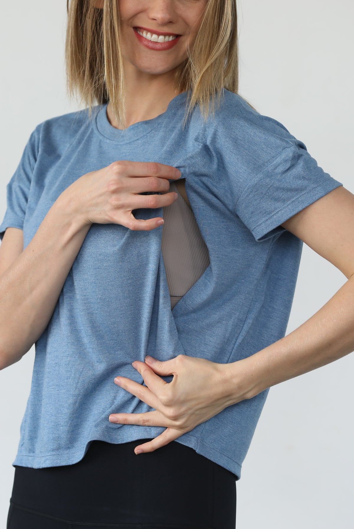 Abigail nursing short sleeve top, pacific blue, sweat and milk