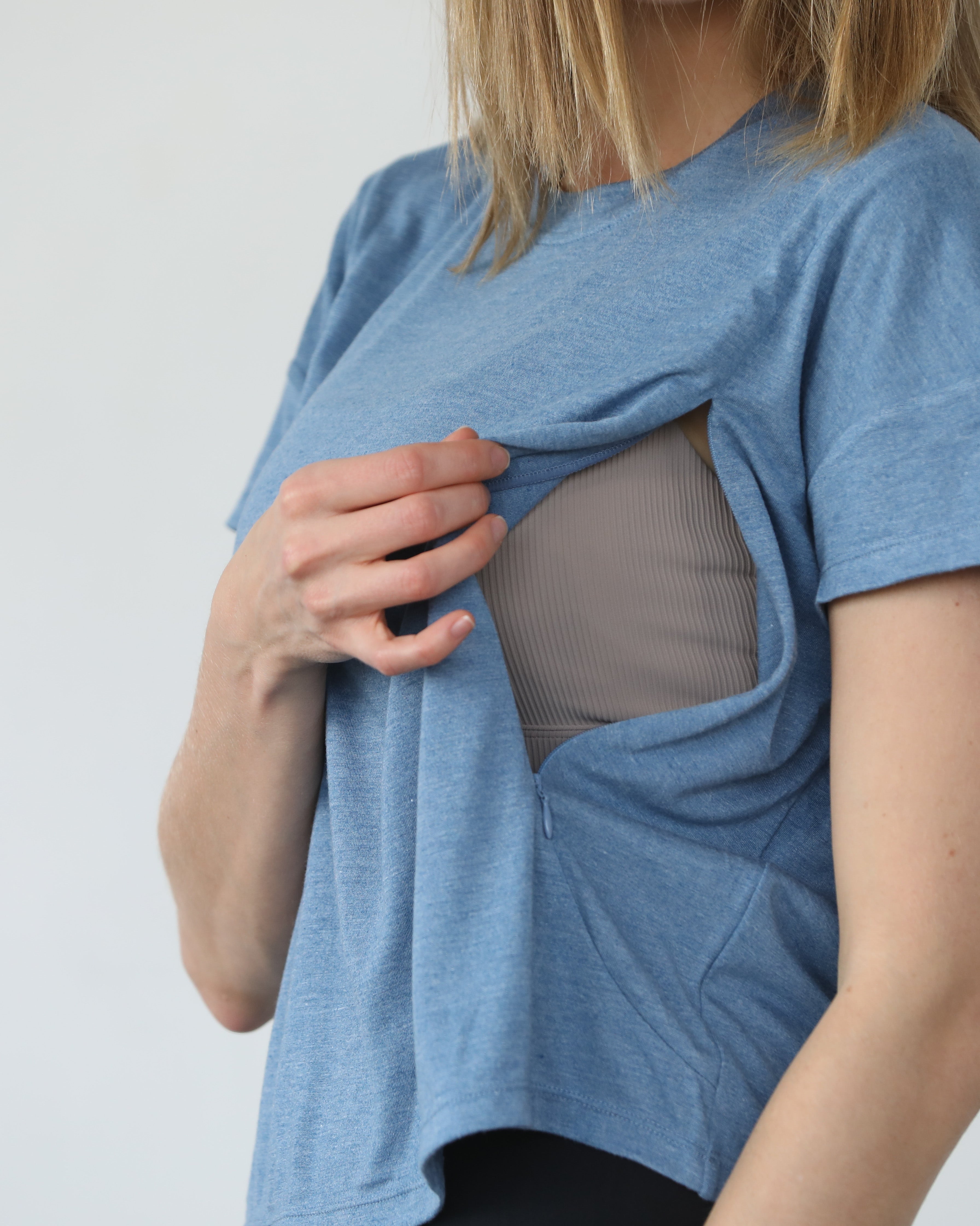 Abigail nursing short sleeve top, pacific blue, sweat and milk