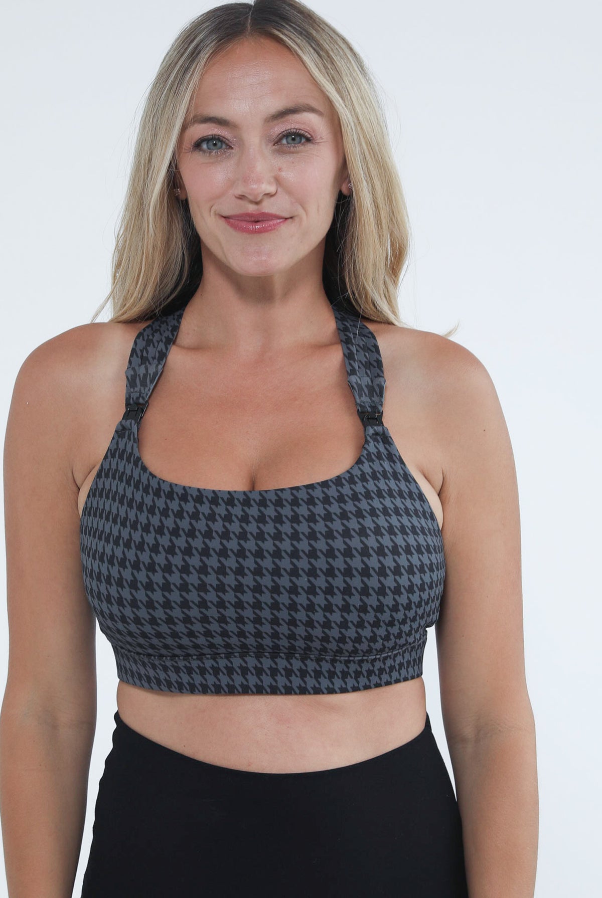 Chloe 4 high impact nursing sports bra, houndstooth, big chested, sweat and milk