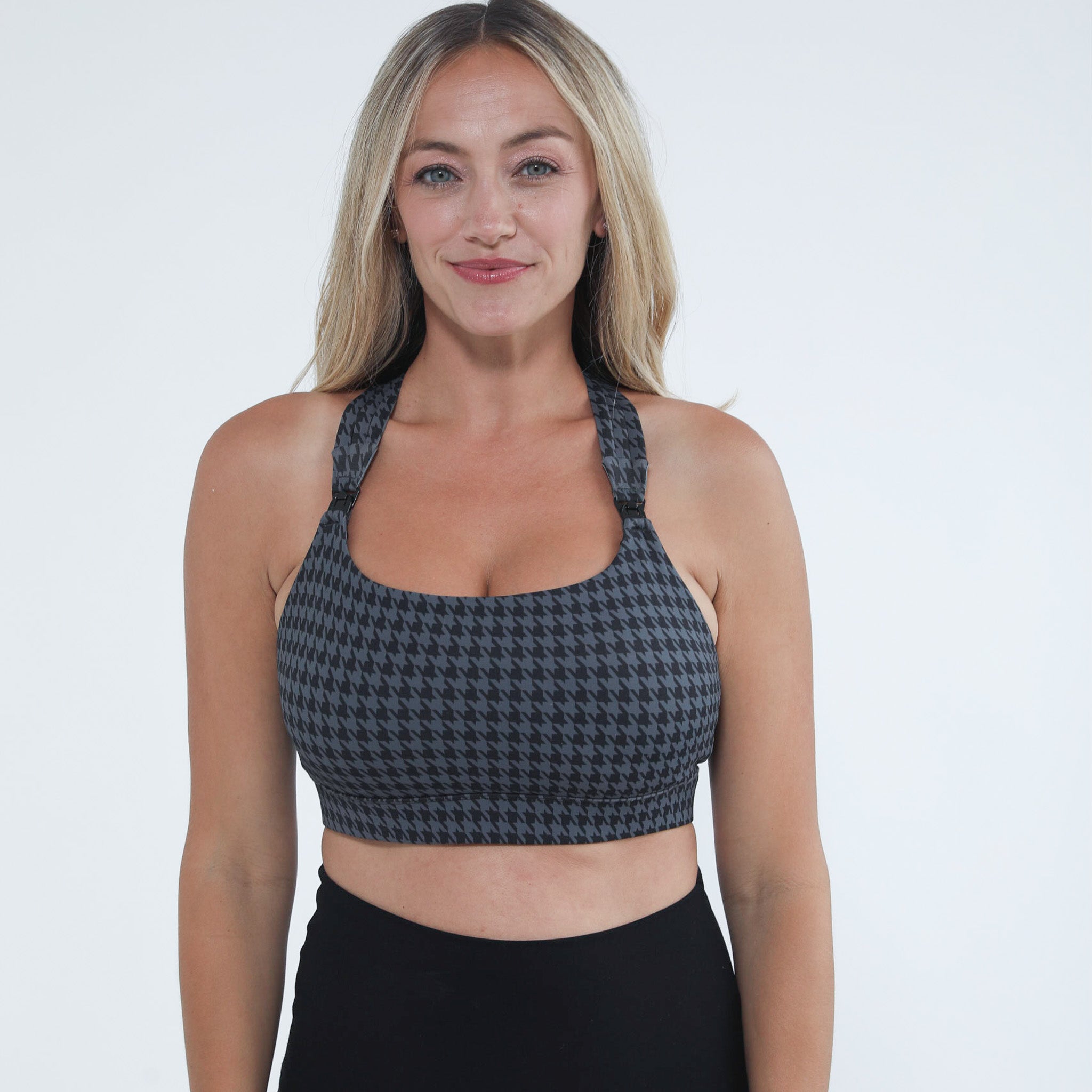 Chloe 4 high impact nursing sports bra, houndstooth, big chested, sweat and milk