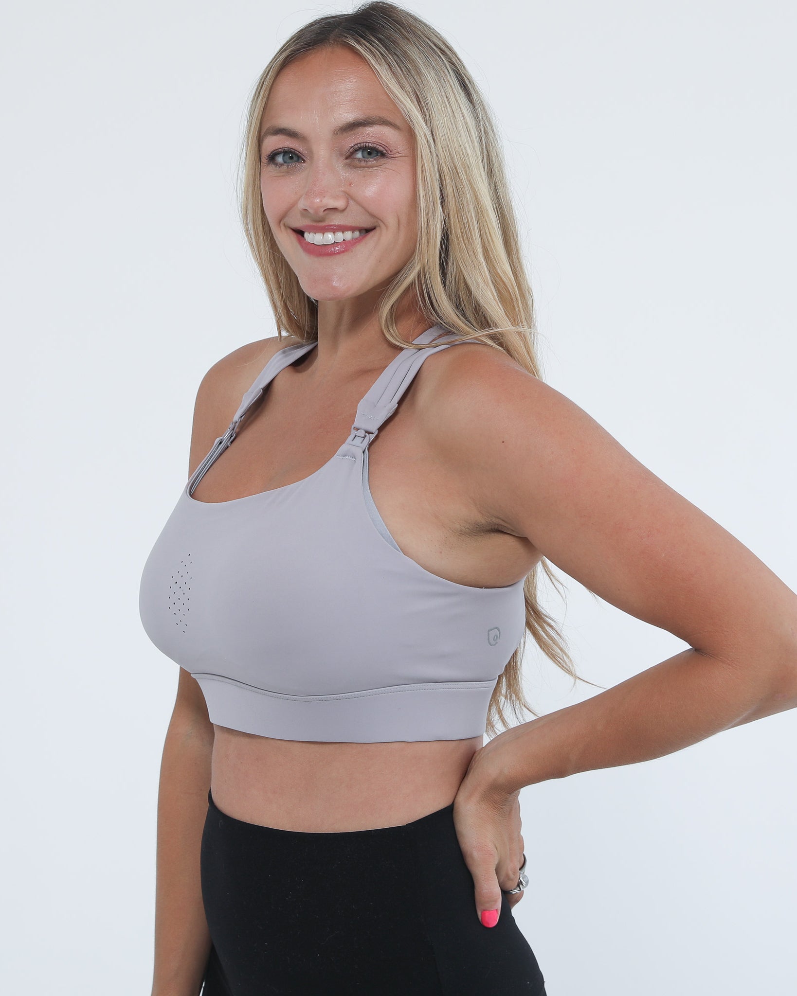 Chloe 4 Running Nursing Sports bra, high impact, grey, sweat and milk