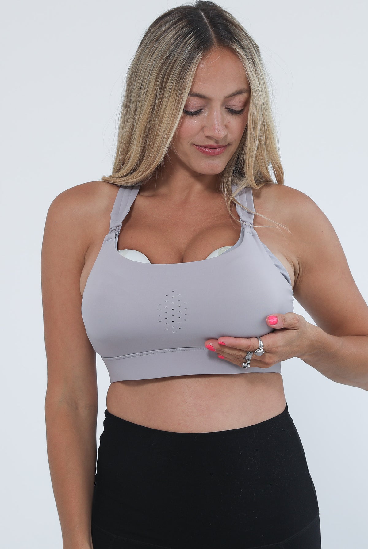 Chloe 4 Running Nursing Sports bra, high impact, grey, sweat and milk