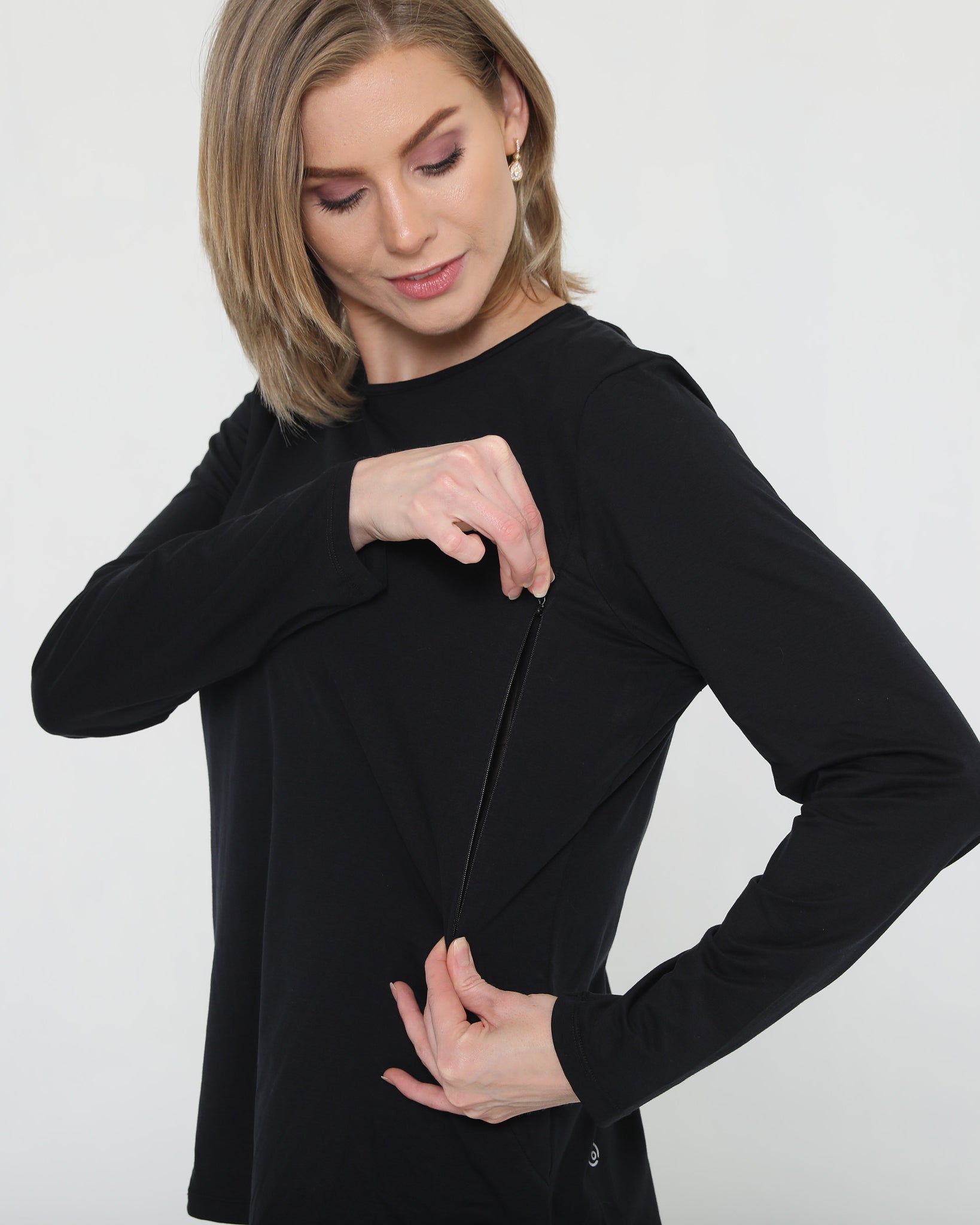 stylish nursing top with invisible zippers, open back design, sweat and milk