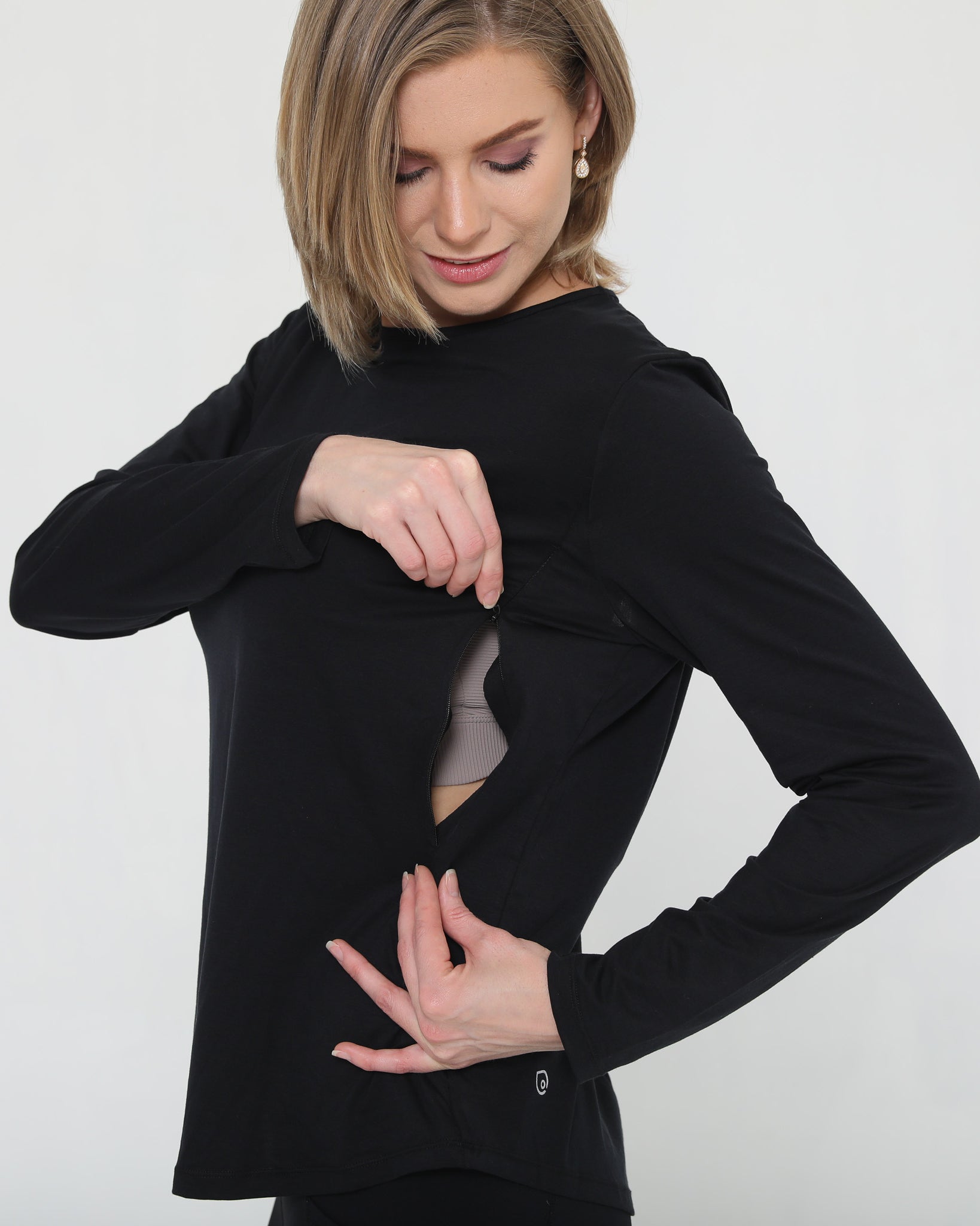 stylish nursing top with invisible zippers, open back design, sweat and milk
