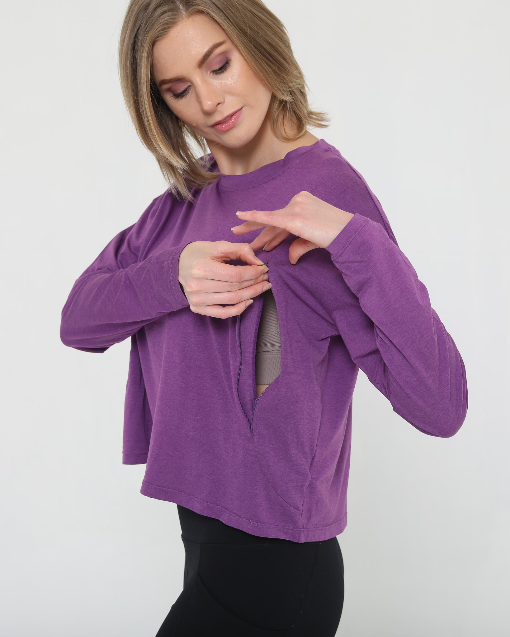 Soft stylish crop long sleeve nursing top, sweat and milk