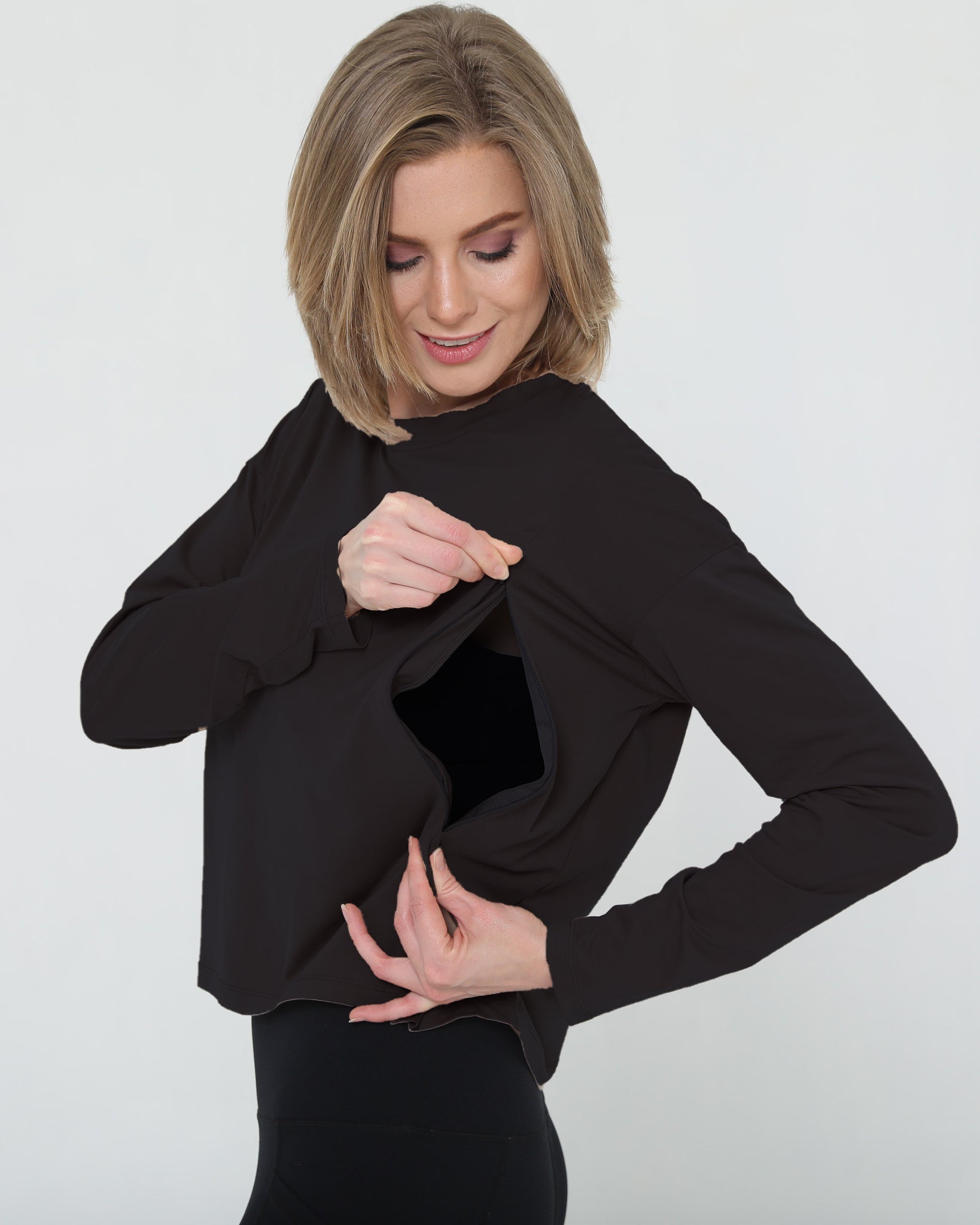 soft long sleeve nursing top crop style, sweat and milk