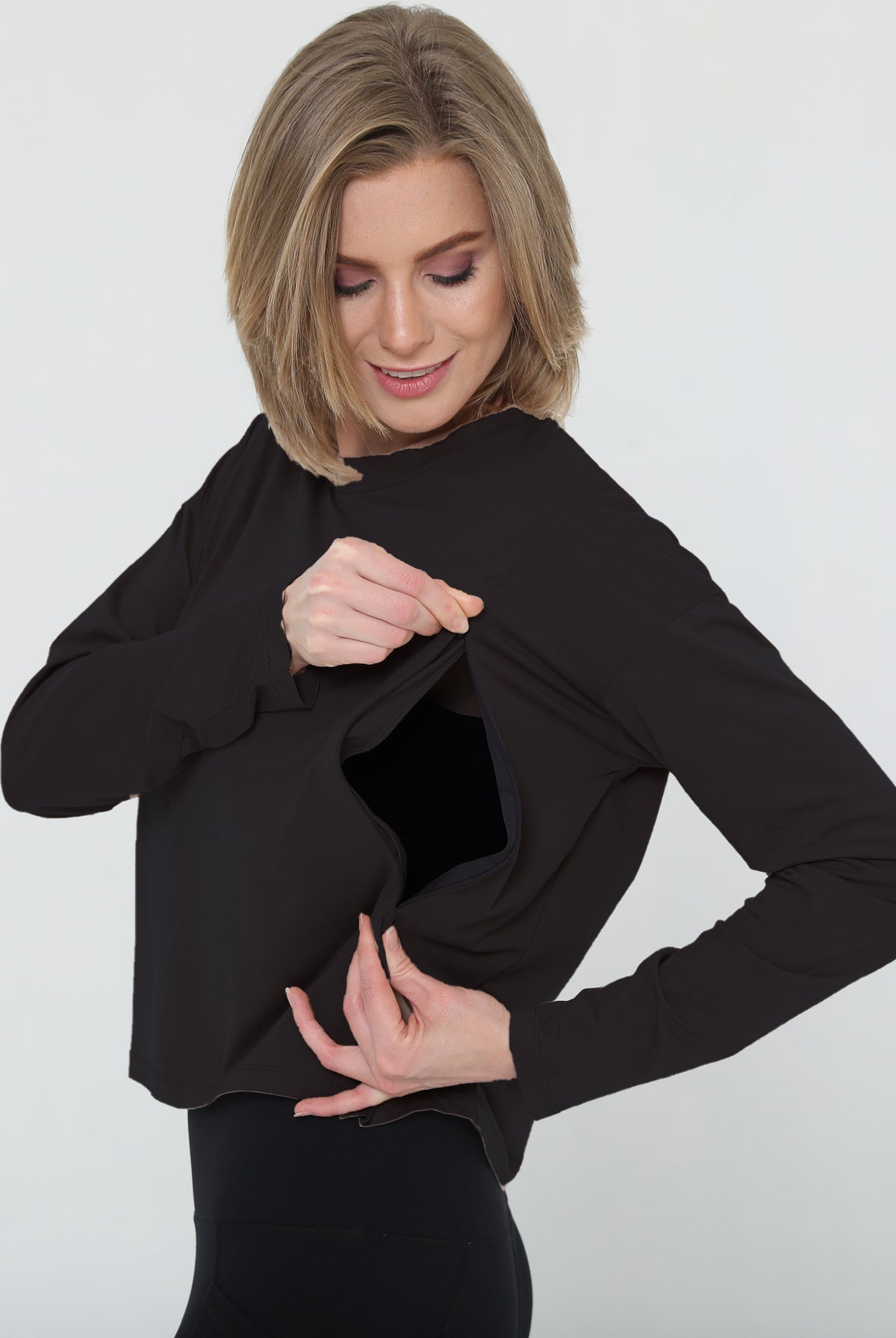 soft long sleeve nursing top crop style, sweat and milk