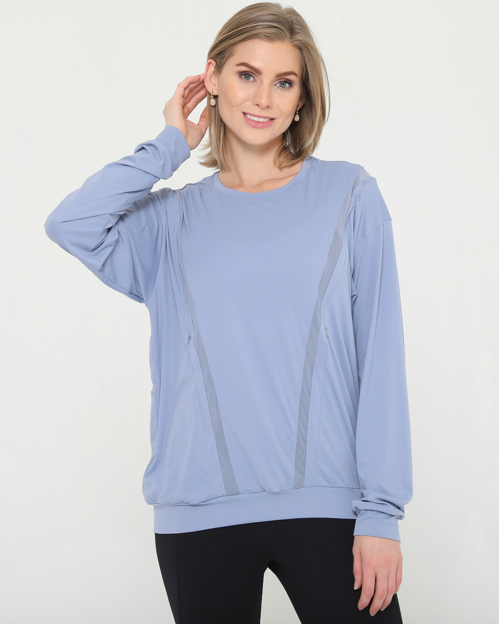 Stylish mesh nursing top long sleeve with zippers, sweat and milk
