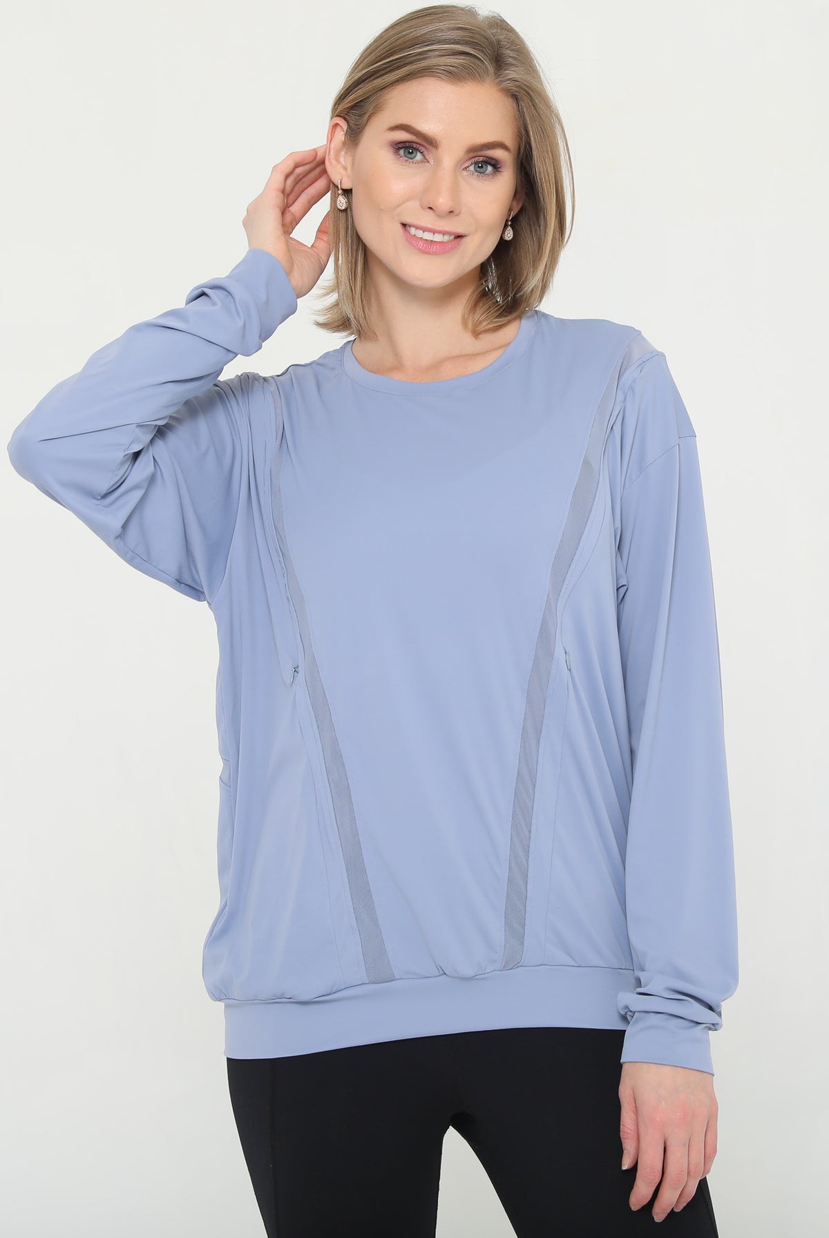 Stylish mesh nursing top long sleeve with zippers, sweat and milk