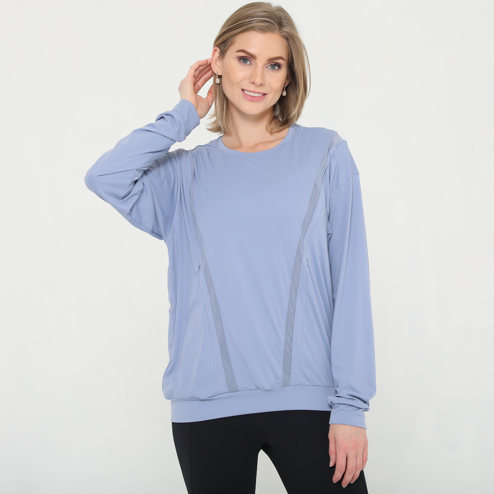 Stylish mesh nursing top long sleeve with zippers, sweat and milk