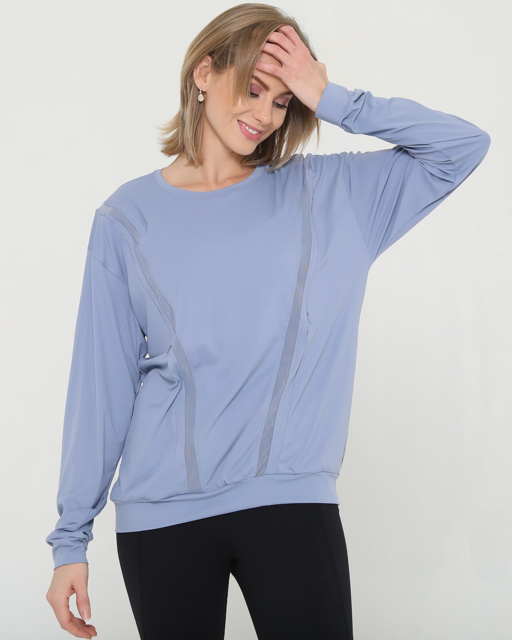 Stylish mesh nursing top long sleeve with zippers, sweat and milk