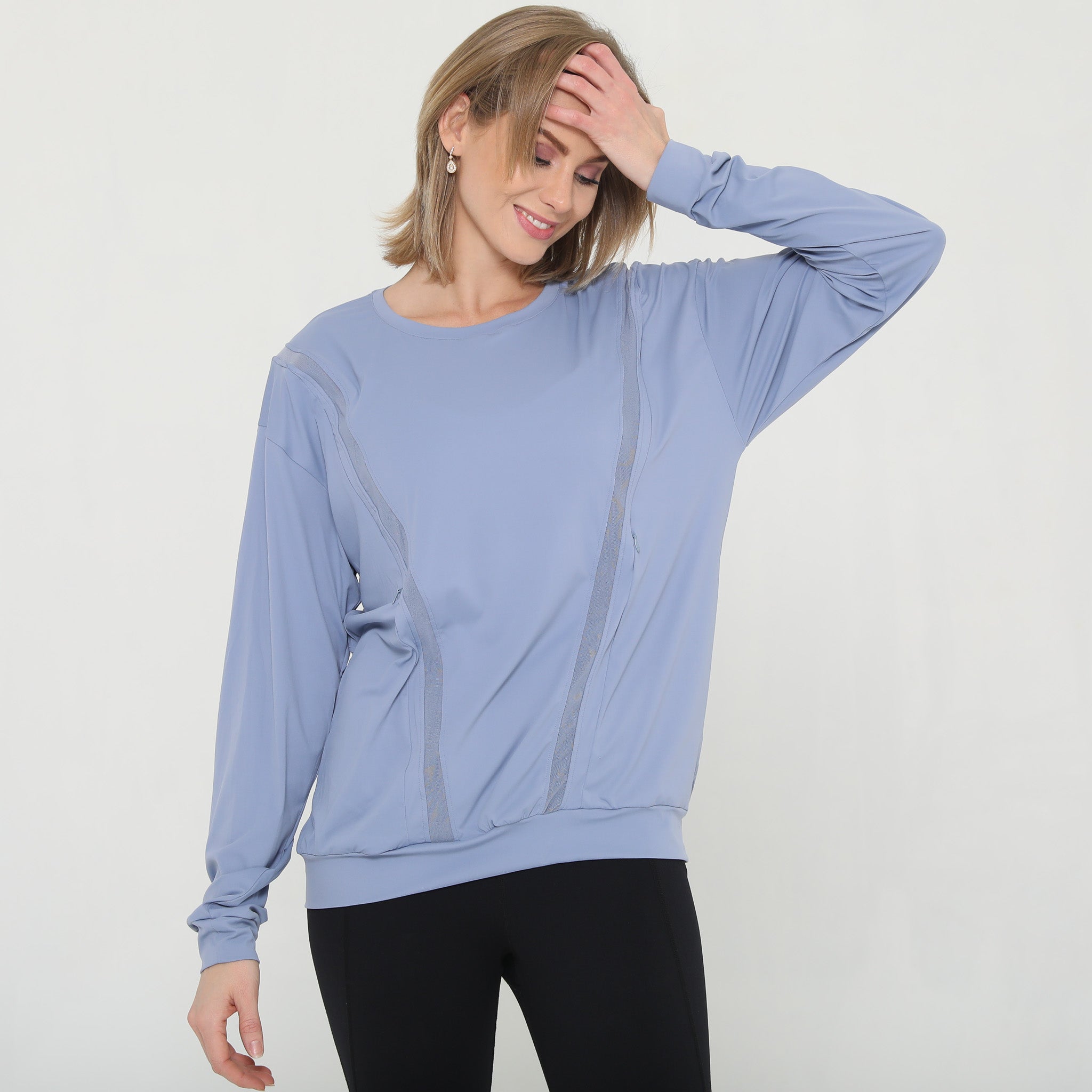 Stylish mesh nursing top long sleeve with zippers, sweat and milk