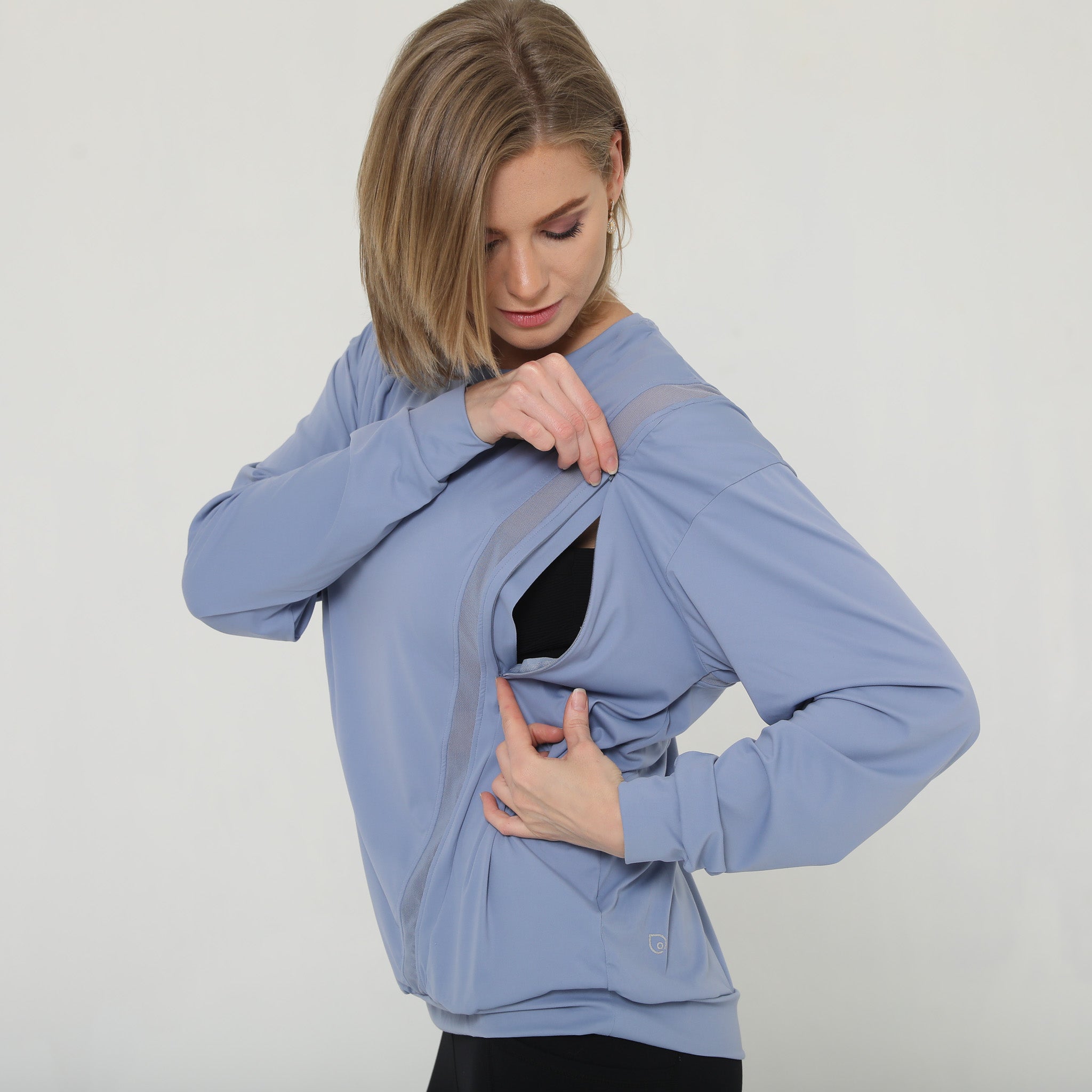 Stylish mesh nursing top long sleeve with zippers, sweat and milk