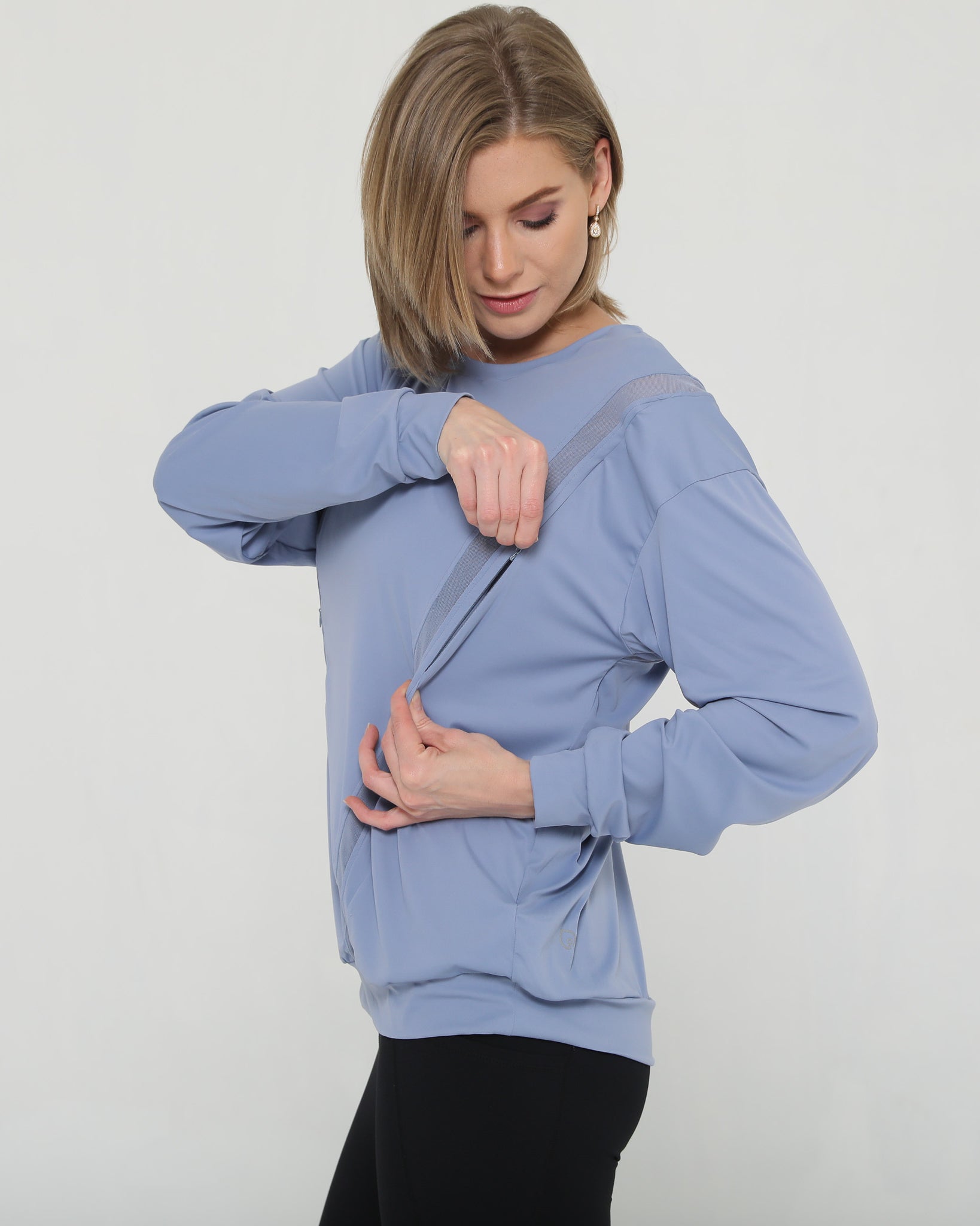 Stylish mesh nursing top long sleeve with zippers, sweat and milk