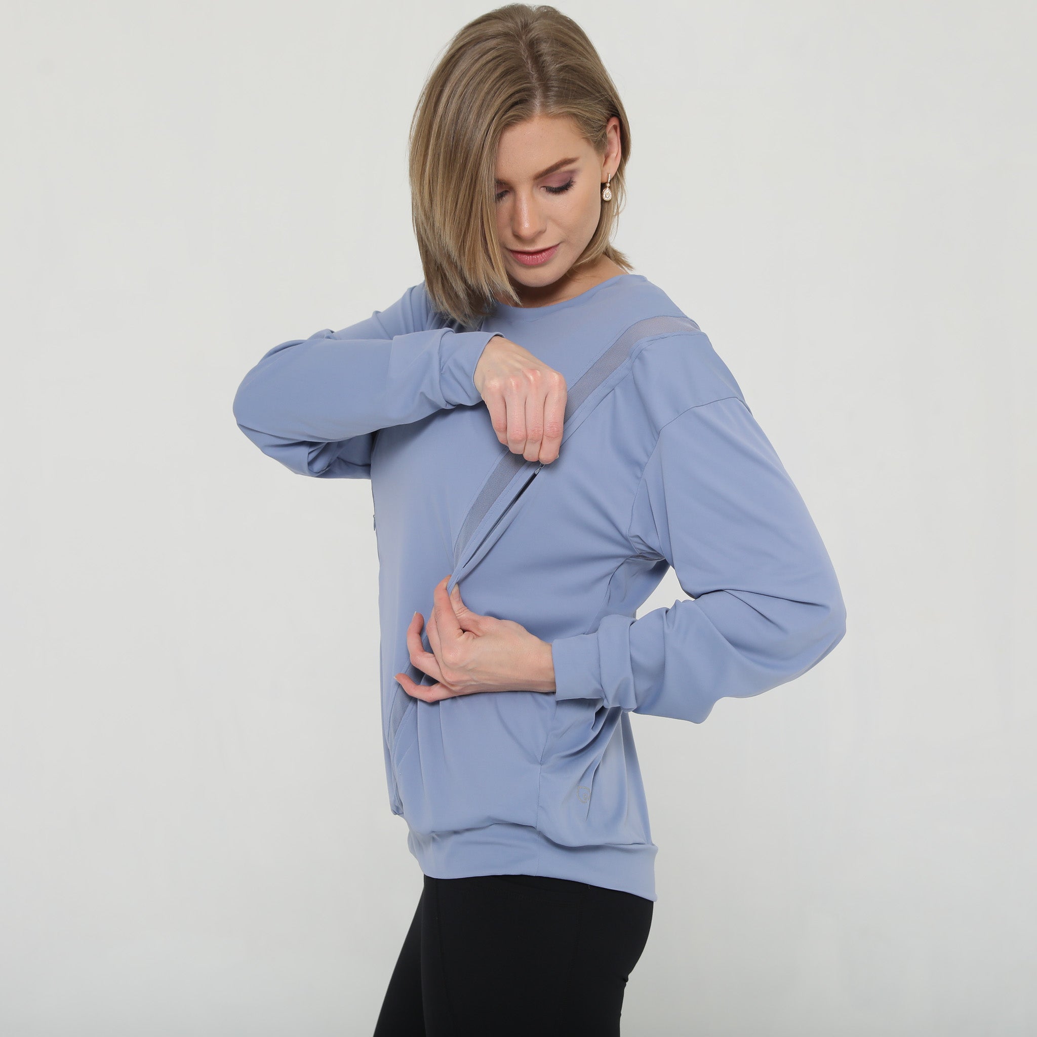 Stylish mesh nursing top long sleeve with zippers, sweat and milk