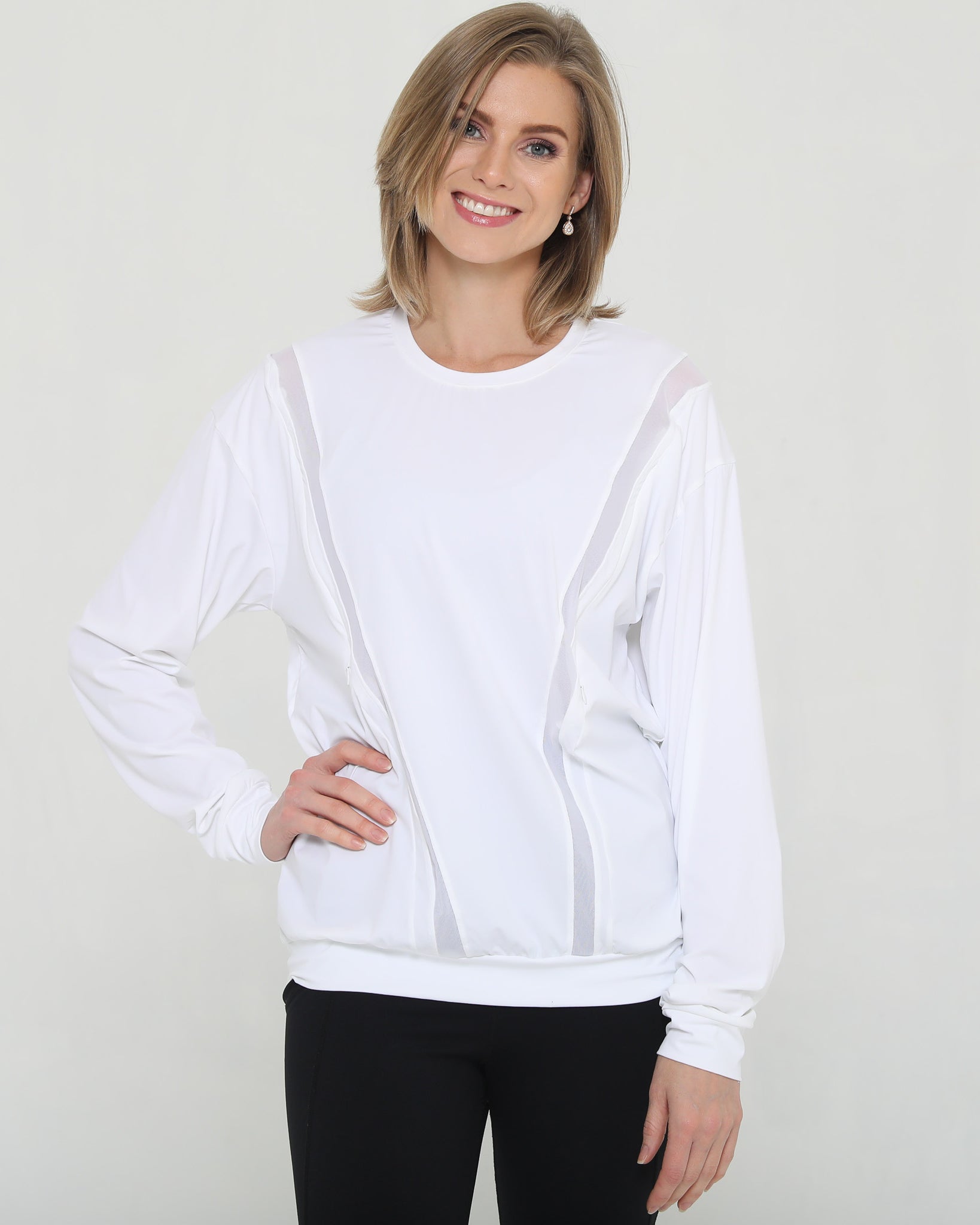 Stylish mesh nursing top long sleeve with zippers, sweat and milk