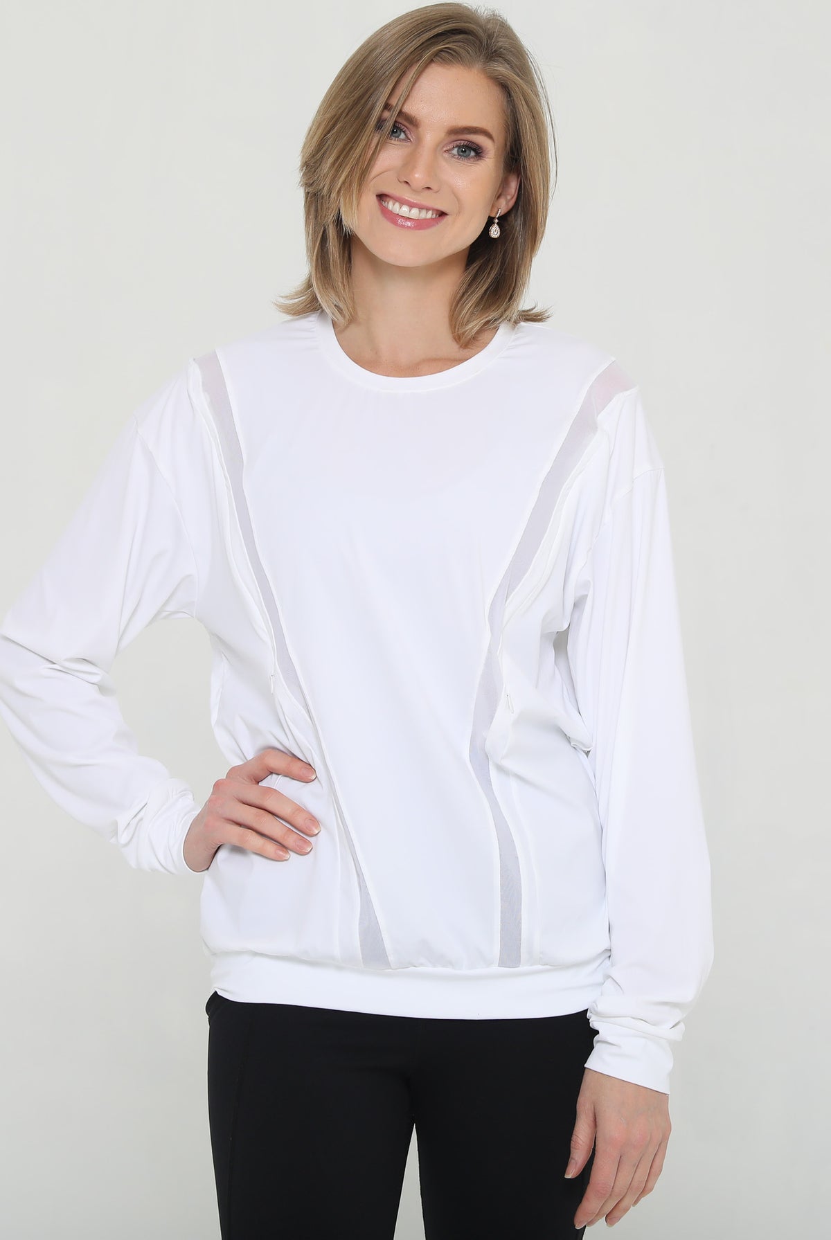 Stylish mesh nursing top long sleeve with zippers, sweat and milk