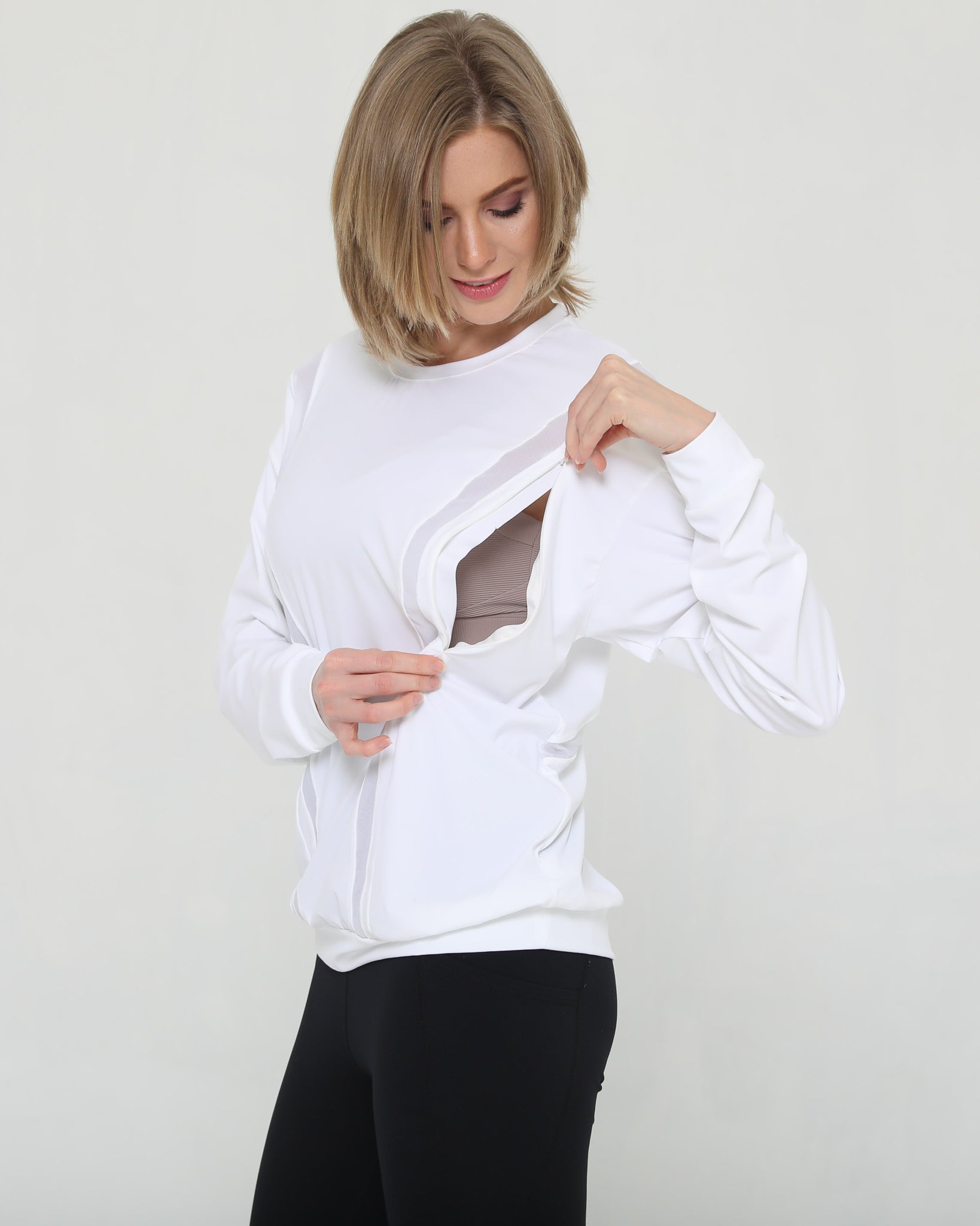 Stylish mesh nursing top long sleeve with zippers, sweat and milk
