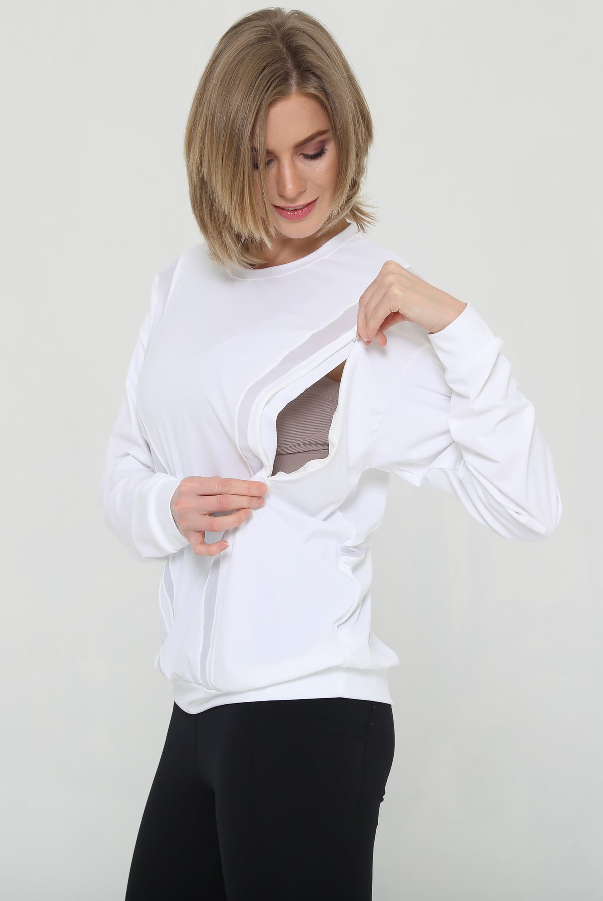 Stylish mesh nursing top long sleeve with zippers, sweat and milk