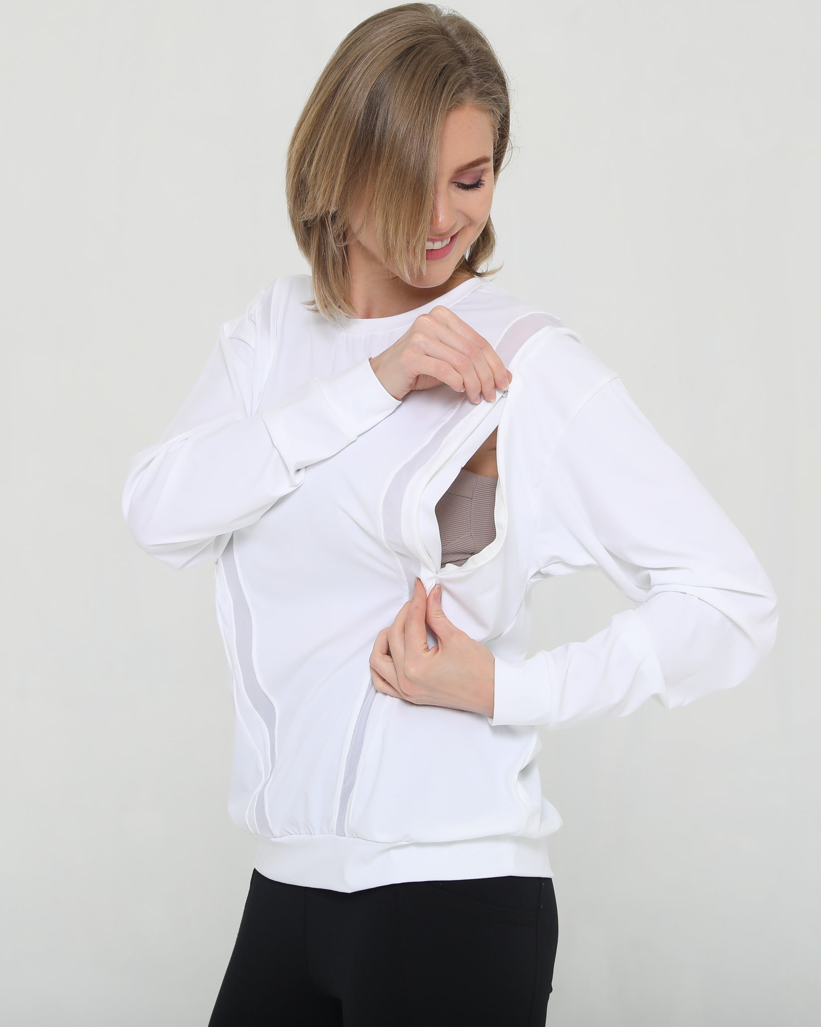 Stylish mesh nursing top long sleeve with zippers, sweat and milk