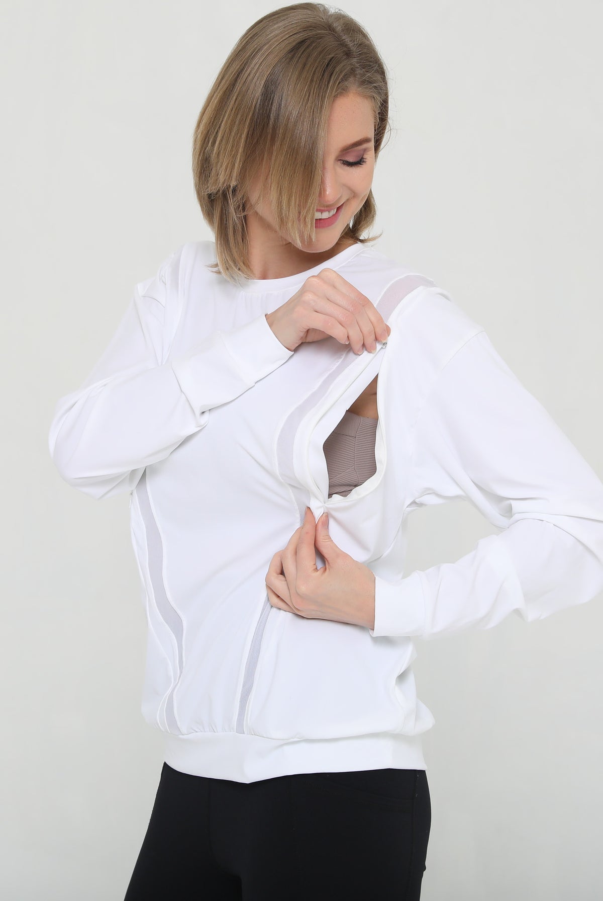 Stylish mesh nursing top long sleeve with zippers, sweat and milk
