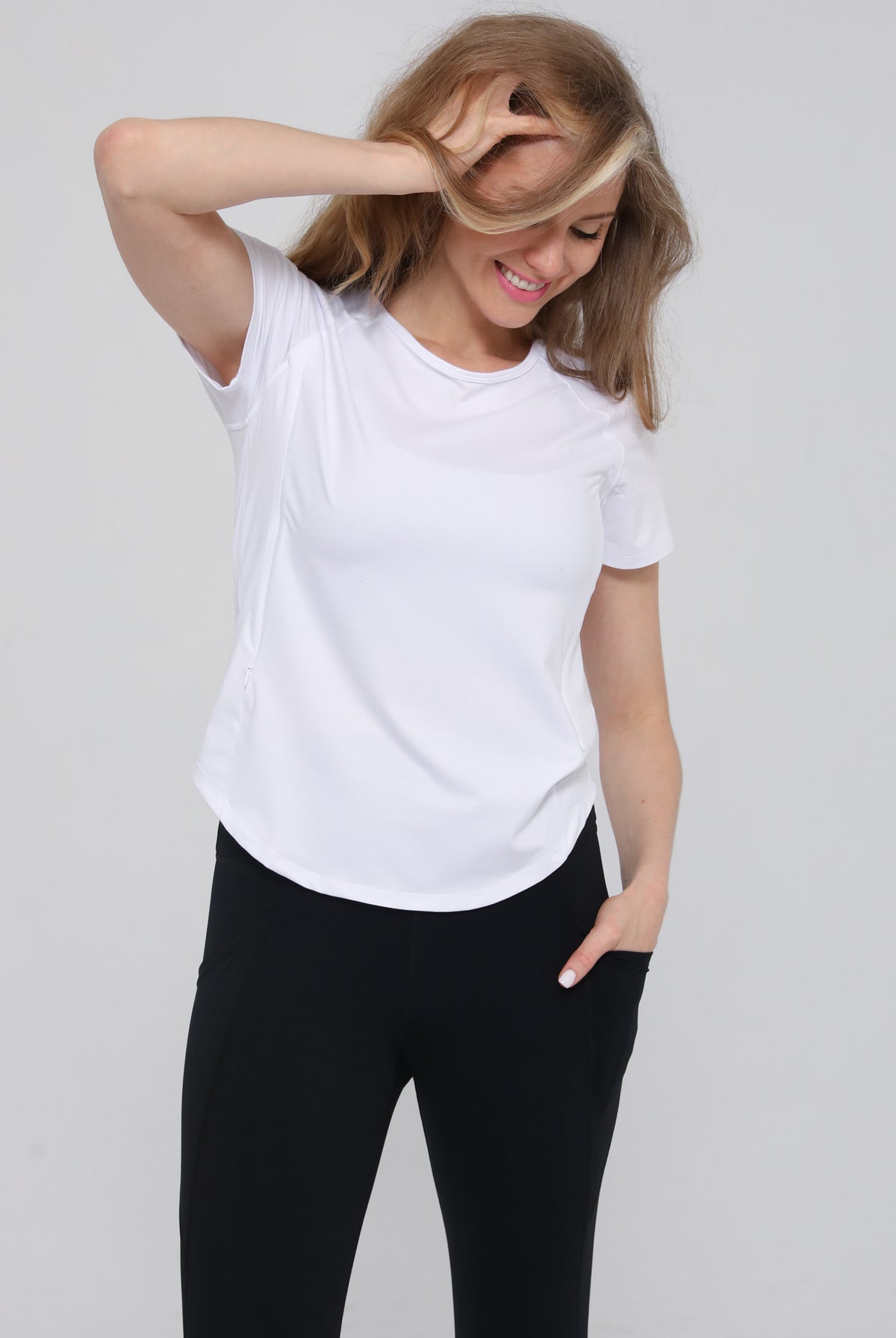 mira running nursing tee, sweat and milk